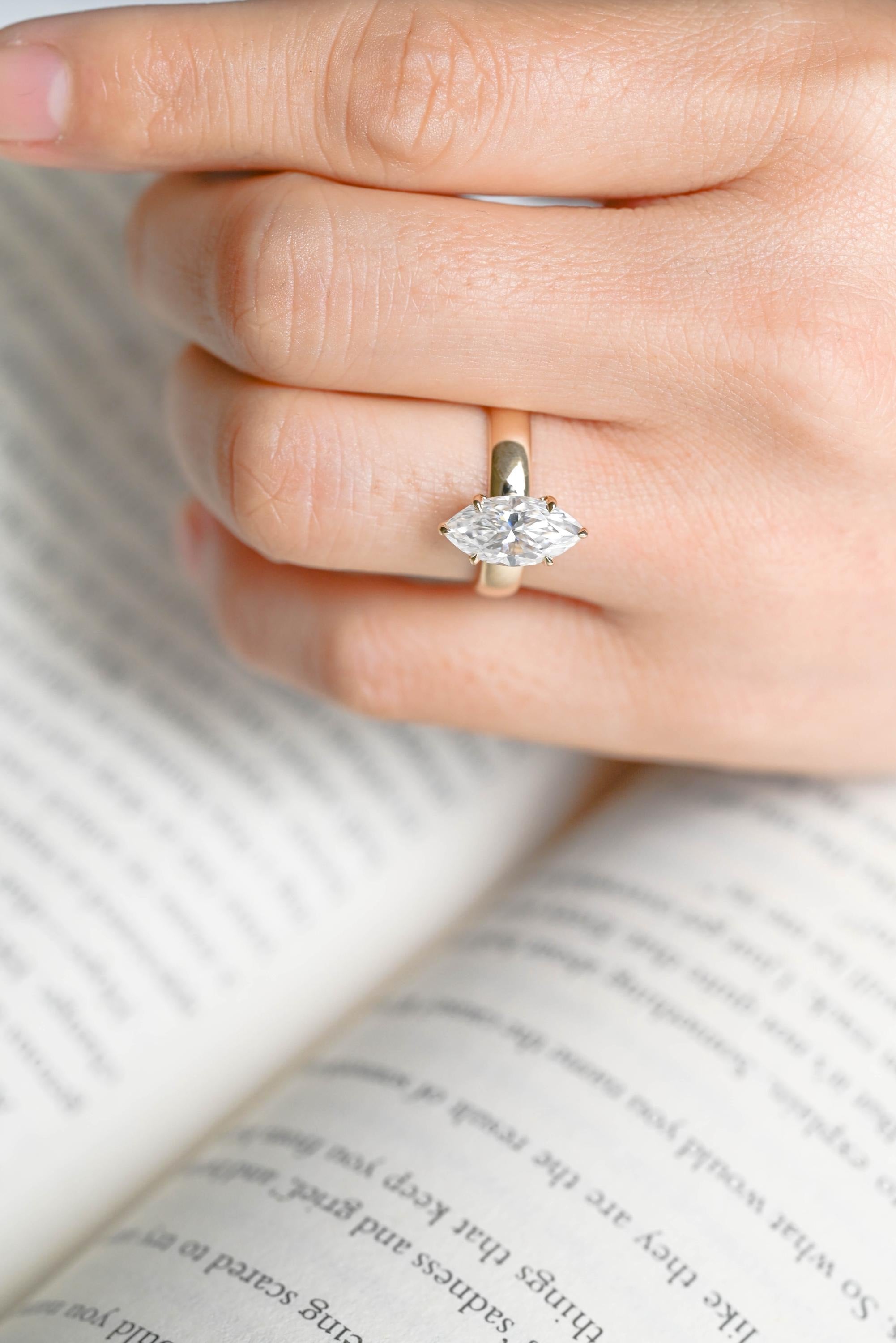 Solid Gold 4mm Band Marquise Moissanite Engagement Ring, Promise Ring