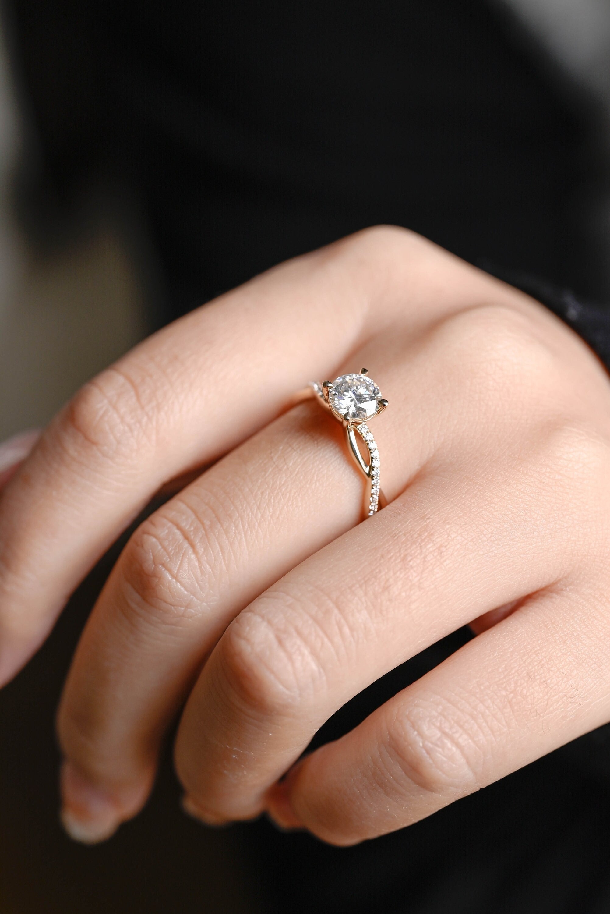 Solid Gold Round Cut Moissanite Engagement Ring, Twisted Band Ring