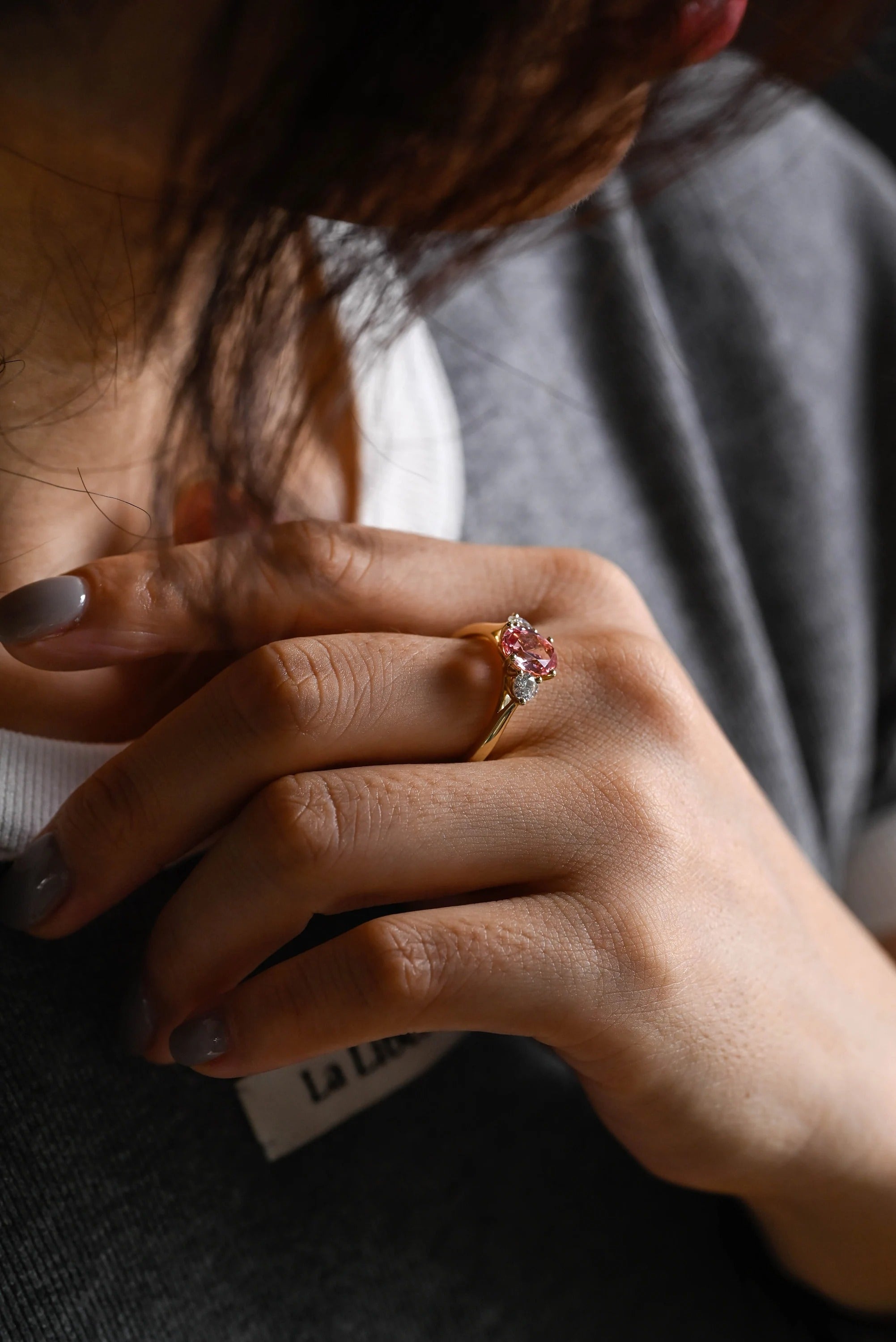 Solid Gold Oval Cut Pink Moissanite Engagement Ring, Custom-Made Ring Available