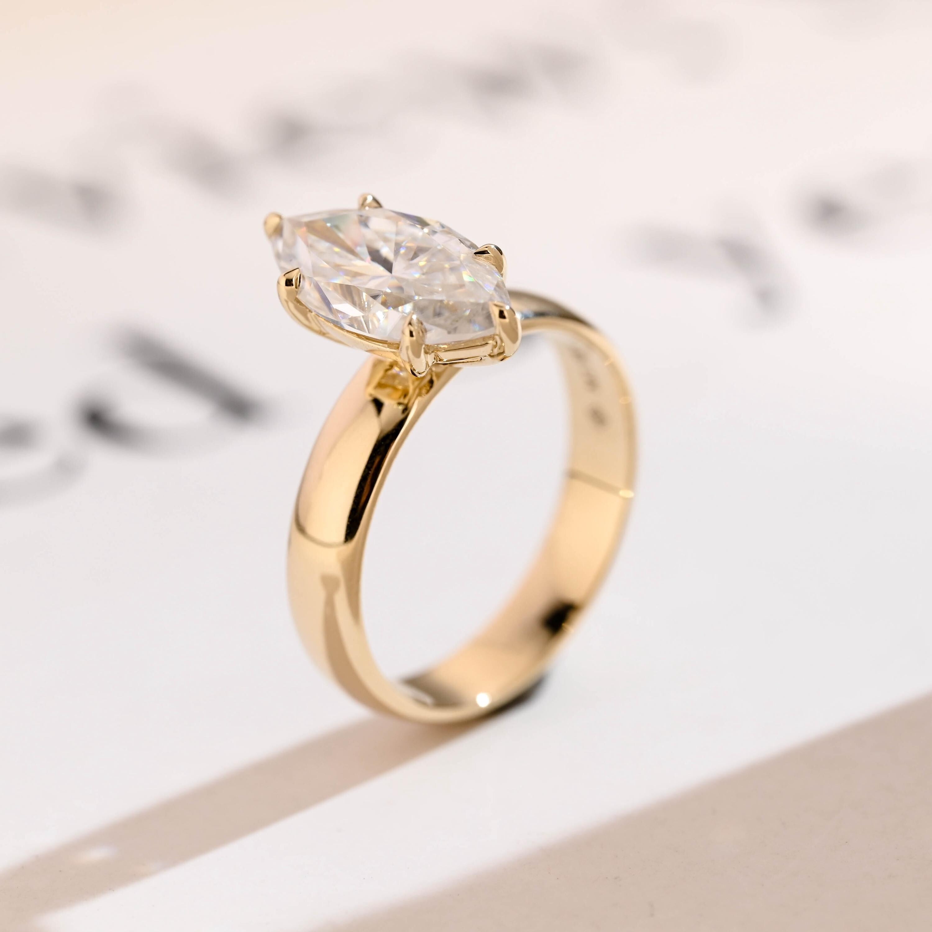 Solid Gold 4mm Band Marquise Moissanite Engagement Ring, Promise Ring