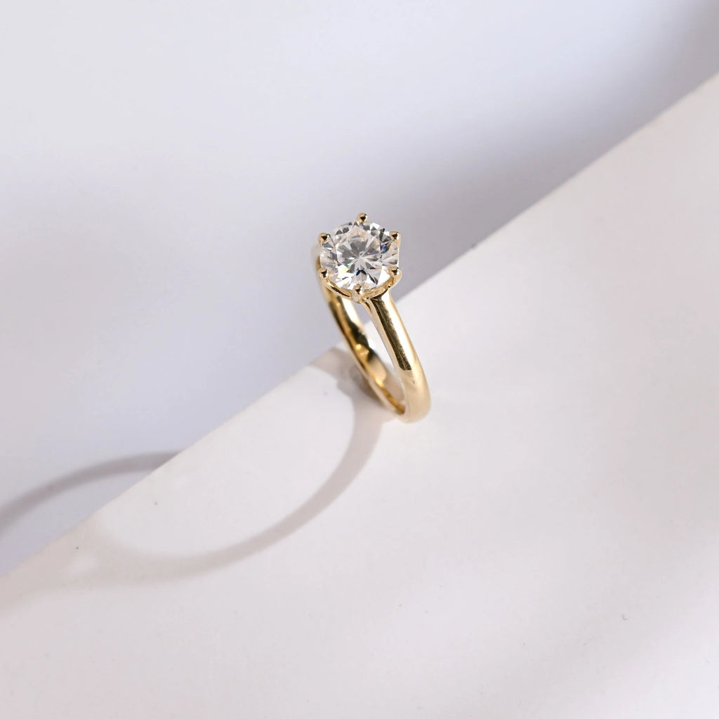 Solid Gold Round Cut Moissanite Engagement Ring, Tulip Setting Solitaire Ring