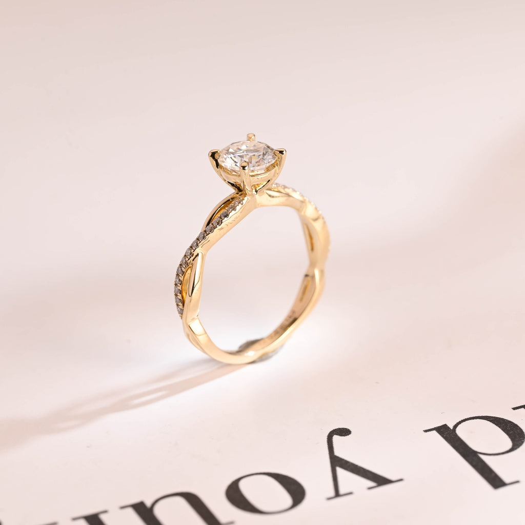 Solid Gold Round Cut Moissanite Engagement Ring, Twisted Band Ring