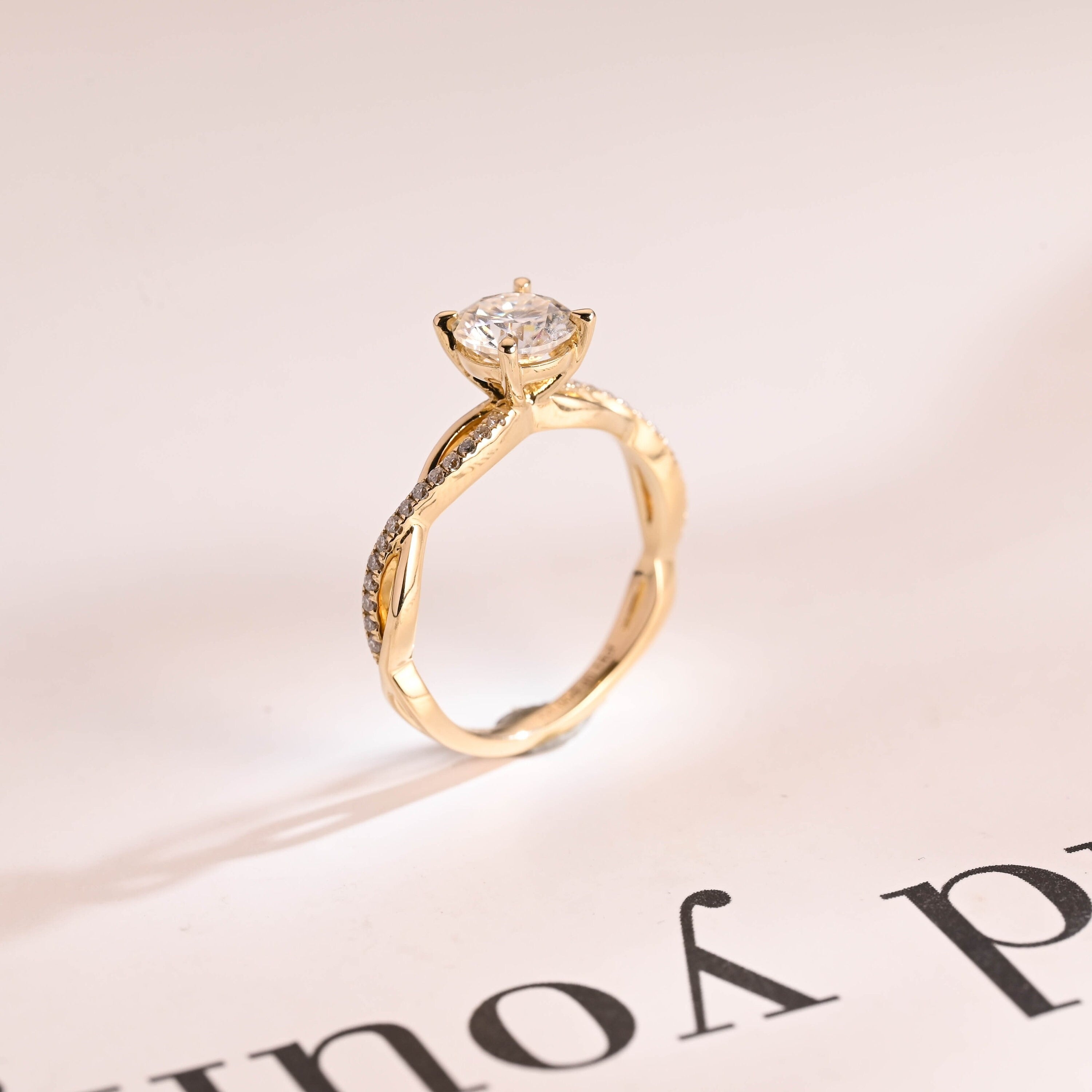 Solid Gold Round Cut Moissanite Engagement Ring, Twisted Band Ring