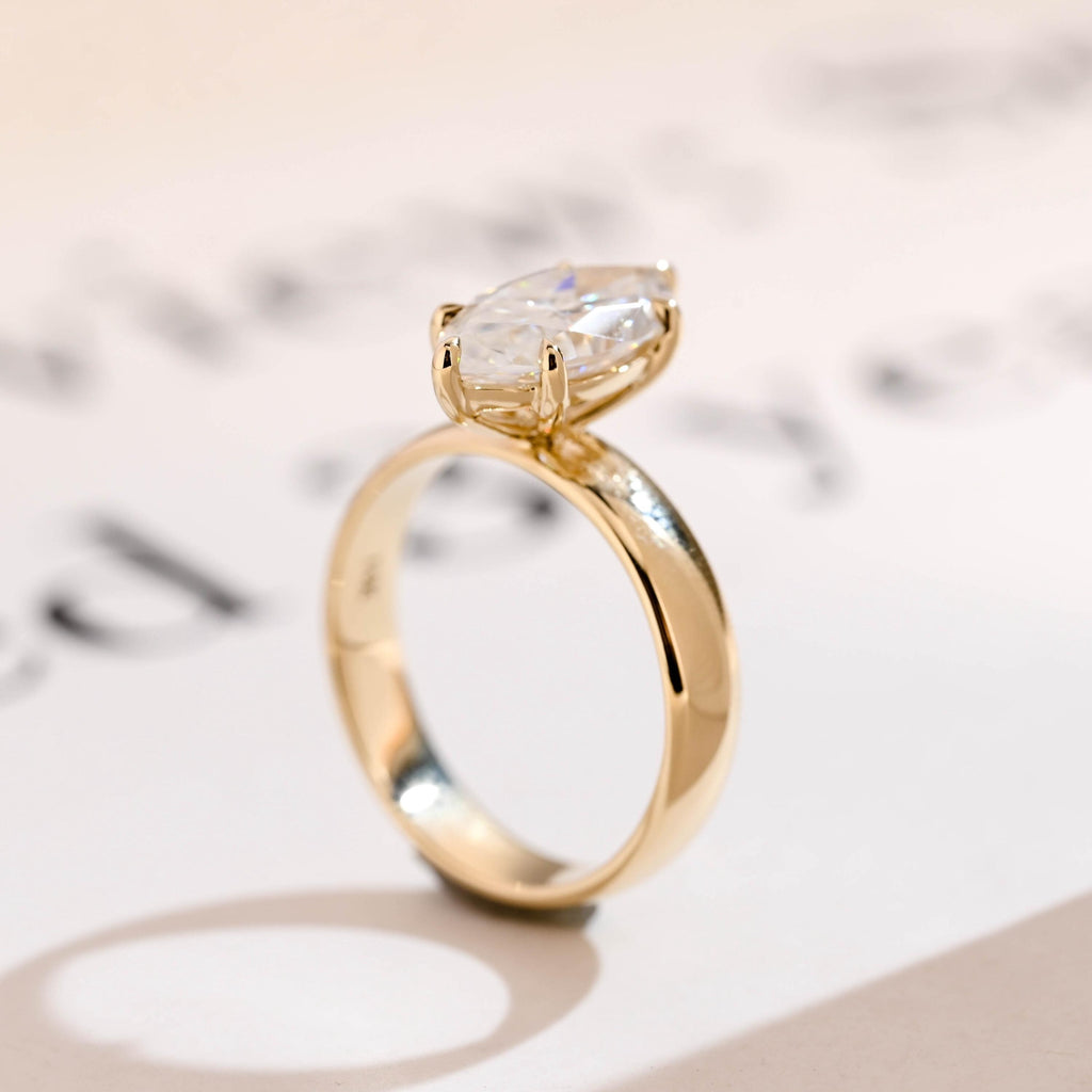 Solid Gold 4mm Band Marquise Moissanite Engagement Ring, Promise Ring