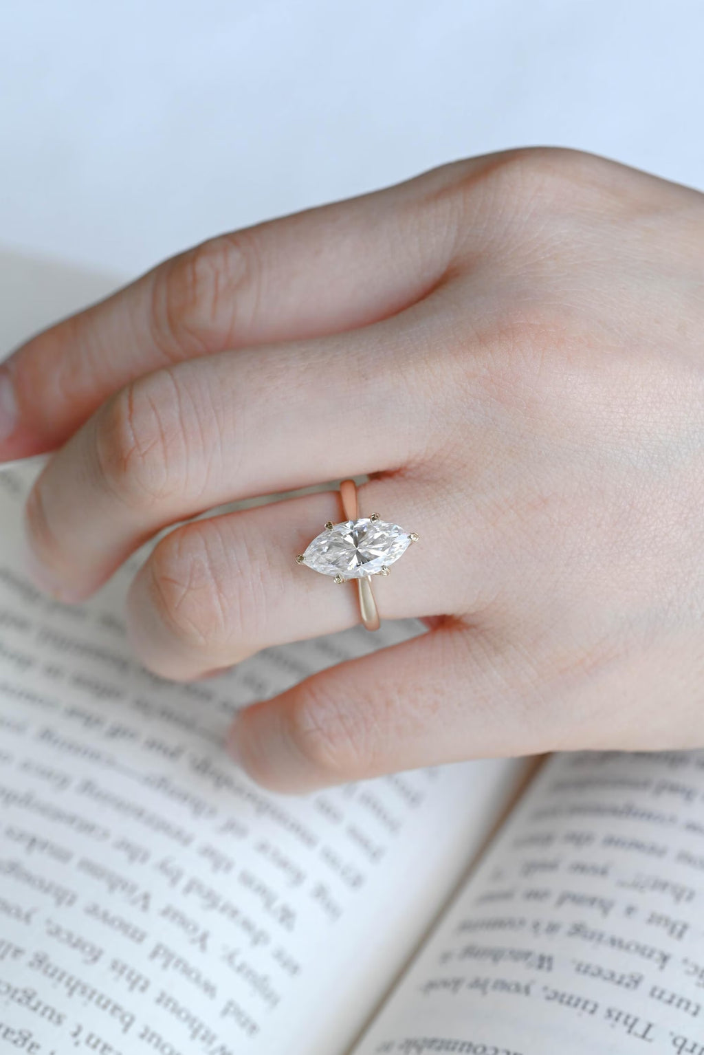 Solid Gold Tulip Floral Ring, Marquise Moissanite Engagement Ring, Engraved Ring