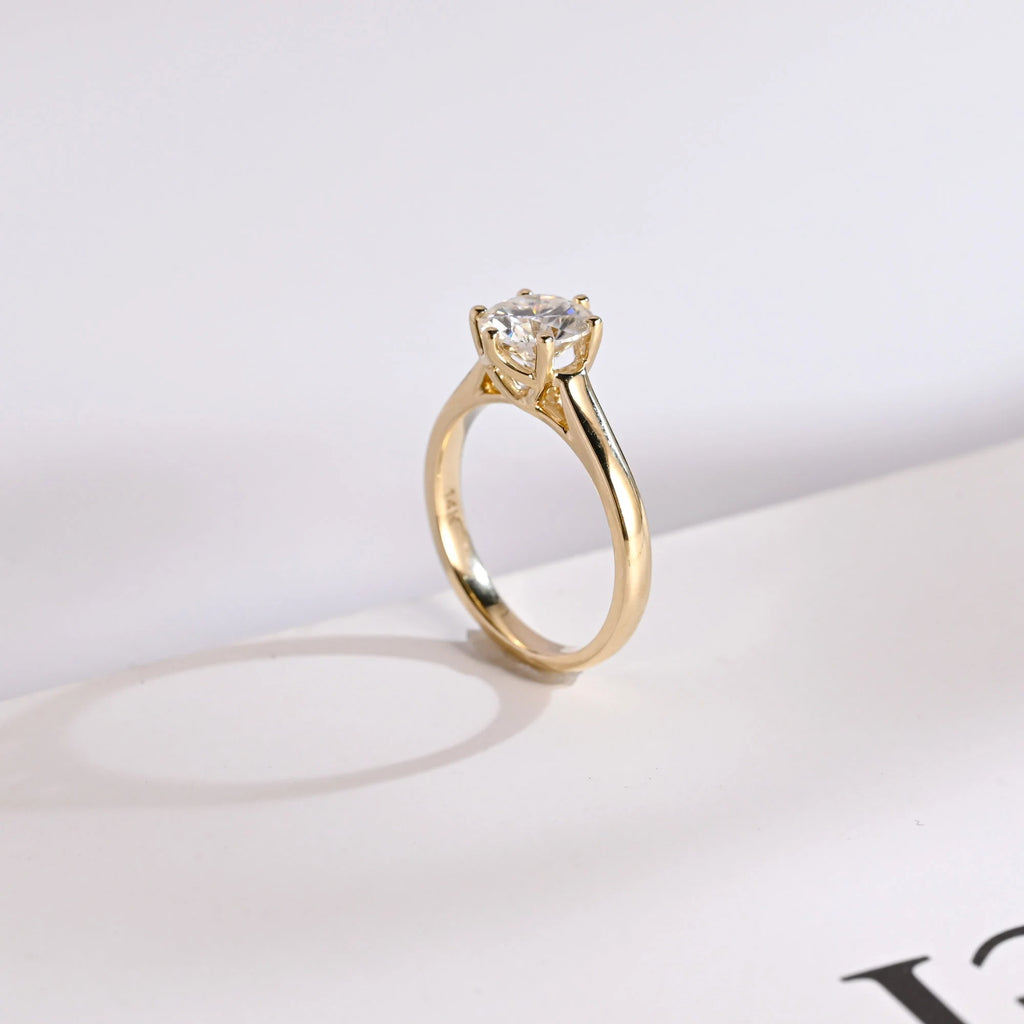 Solid Gold Round Cut Moissanite Engagement Ring, Tulip Setting Solitaire Ring