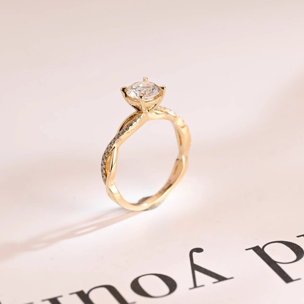 Solid Gold Round Cut Moissanite Engagement Ring, Twisted Band Ring