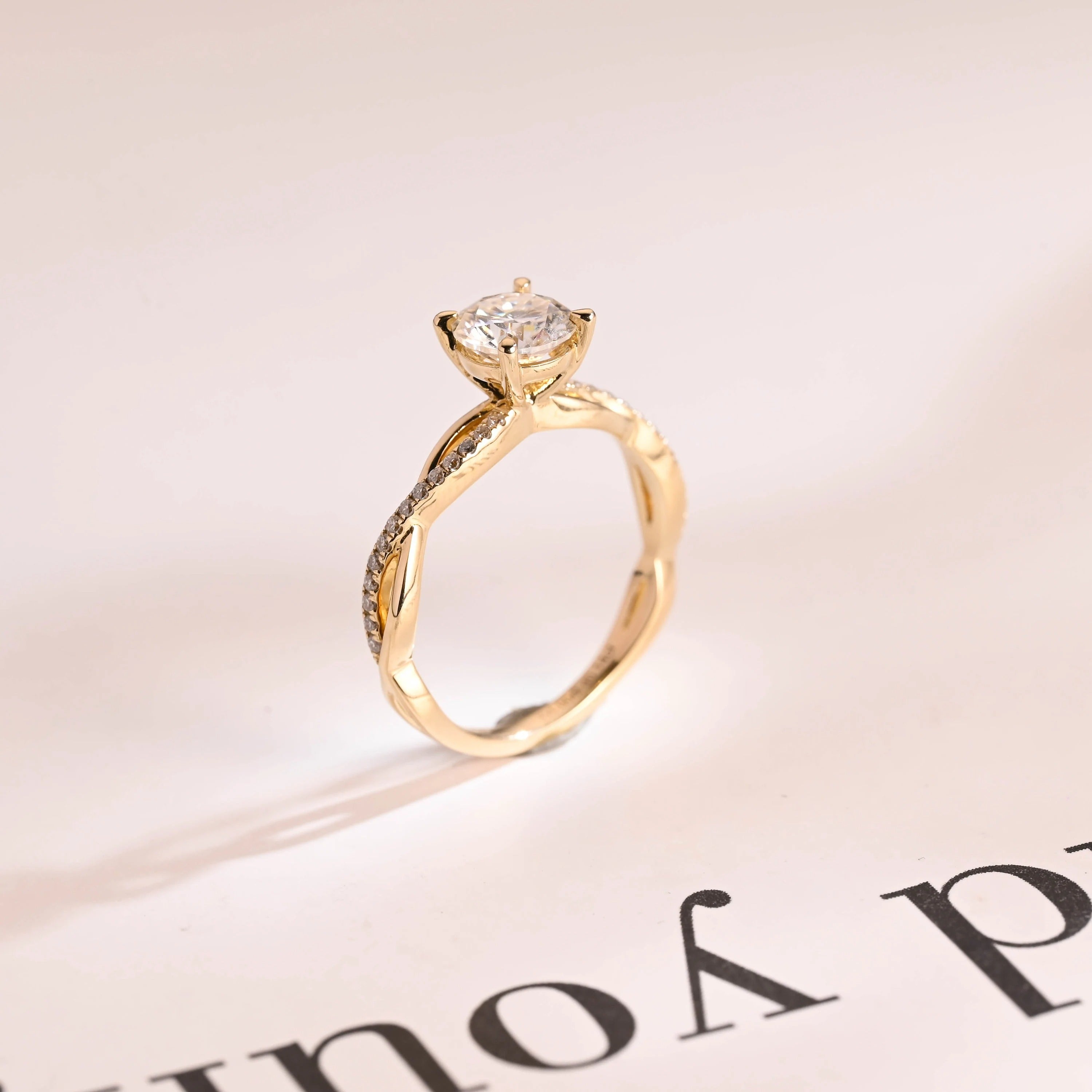 Solid Gold Round Cut Moissanite Engagement Ring, Twisted Band Ring