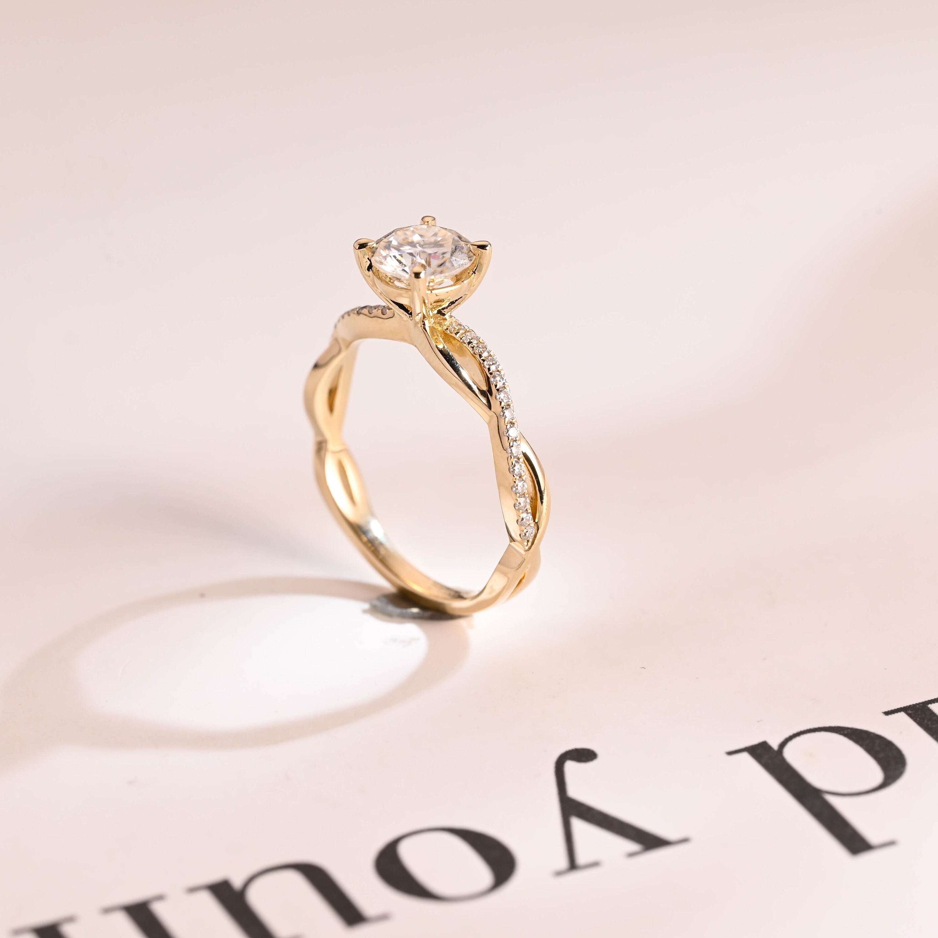 Solid Gold Round Cut Moissanite Engagement Ring, Twisted Band Ring Secondary image