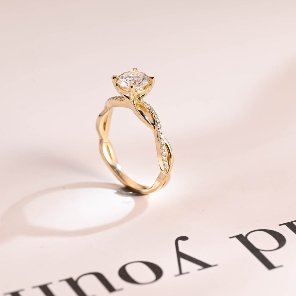 Solid Gold Round Cut Moissanite Engagement Ring, Twisted Band Ring