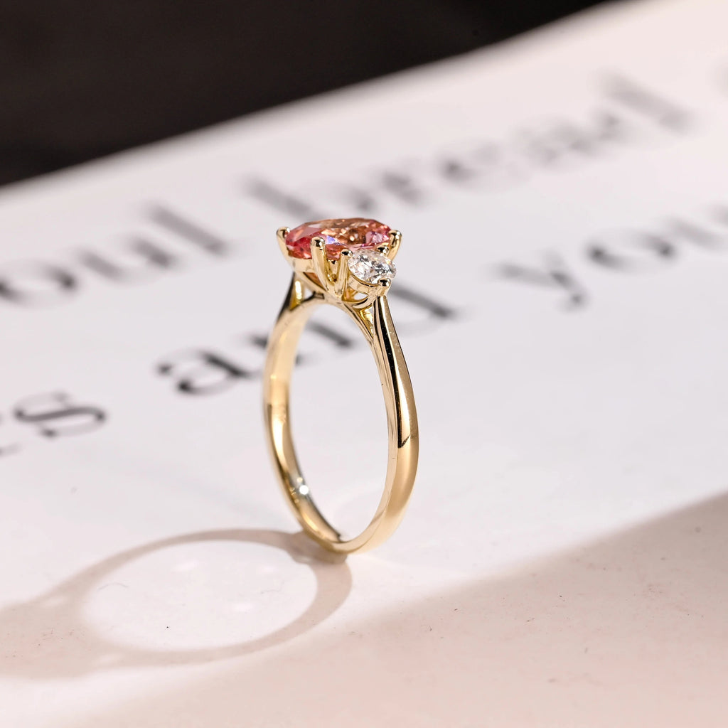 Solid Gold Oval Cut Pink Moissanite Engagement Ring, Custom-Made Ring Available