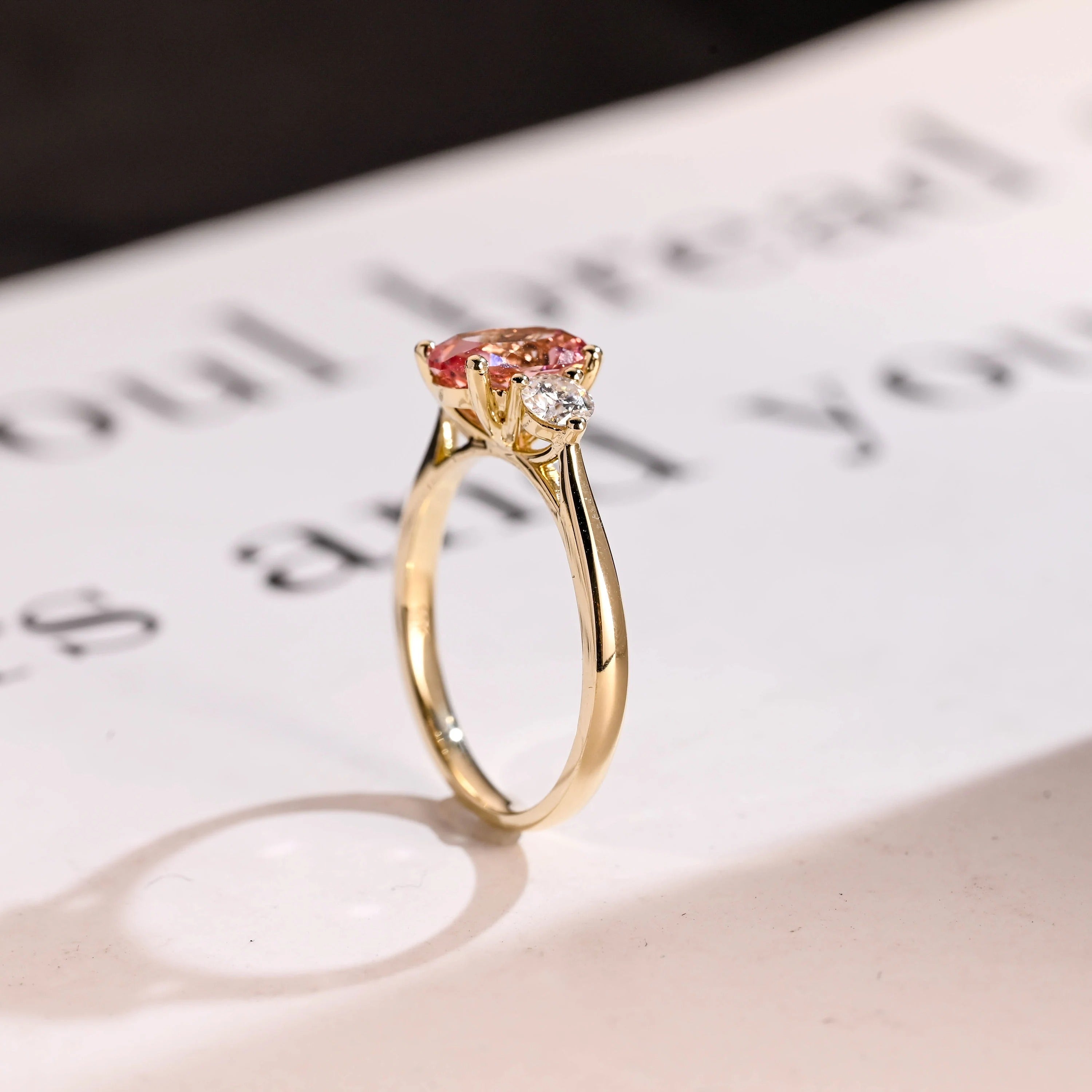 Solid Gold Oval Cut Pink Moissanite Engagement Ring, Custom-Made Ring Available