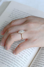Solid Gold Tulip Floral Ring, Marquise Moissanite Engagement Ring, Engraved Ring
