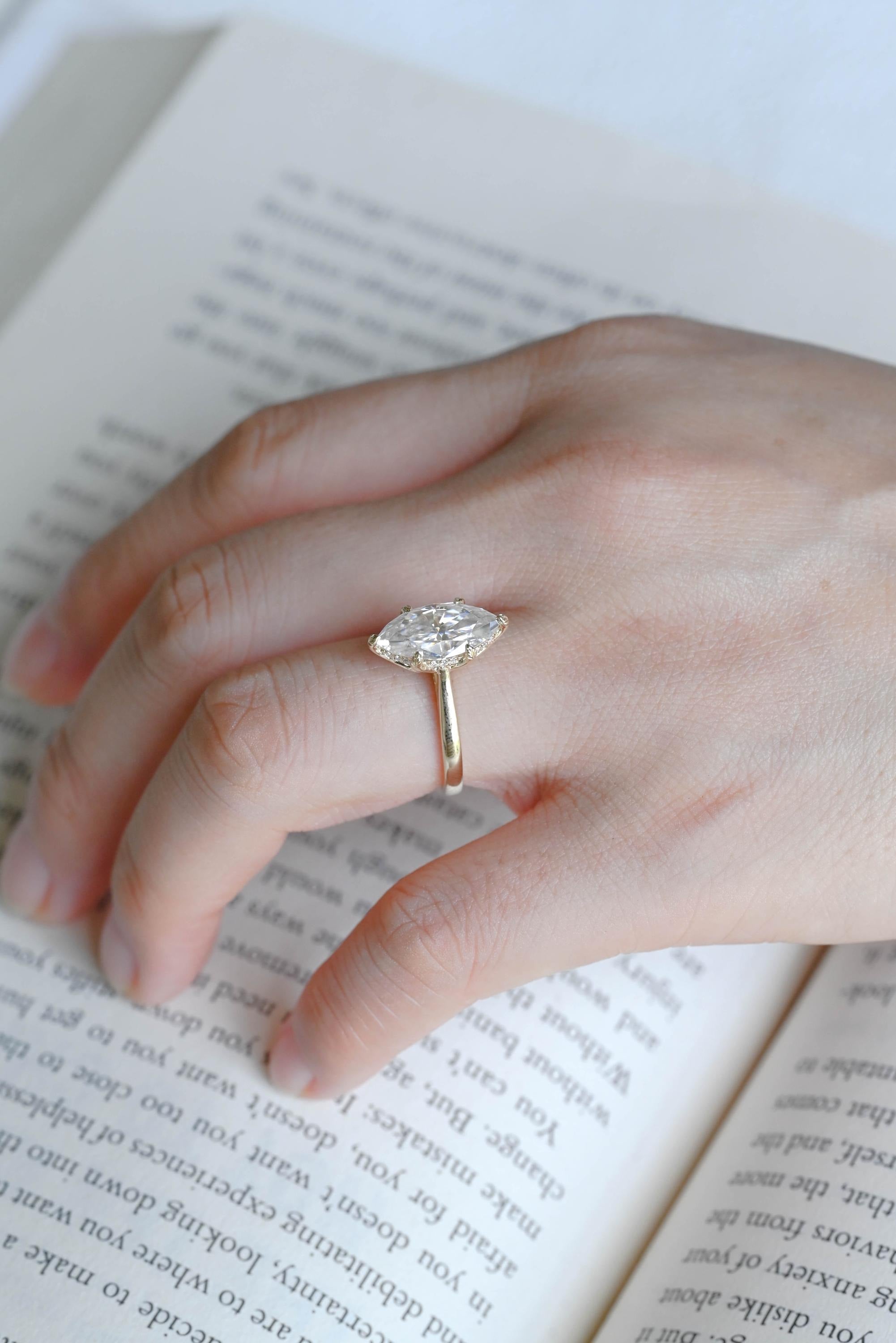 Solid Gold Tulip Floral Ring, Marquise Moissanite Engagement Ring, Engraved Ring