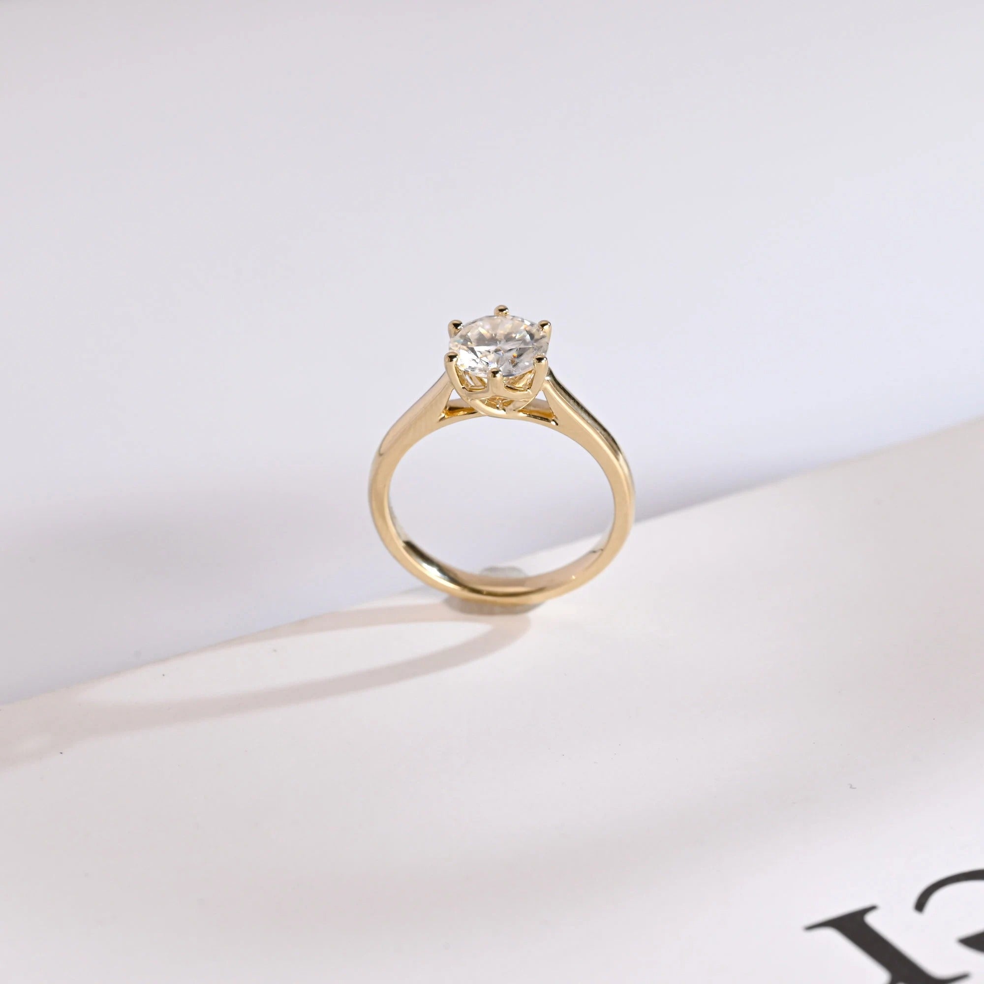 Solid Gold Round Cut Moissanite Engagement Ring, Tulip Setting Solitaire Ring