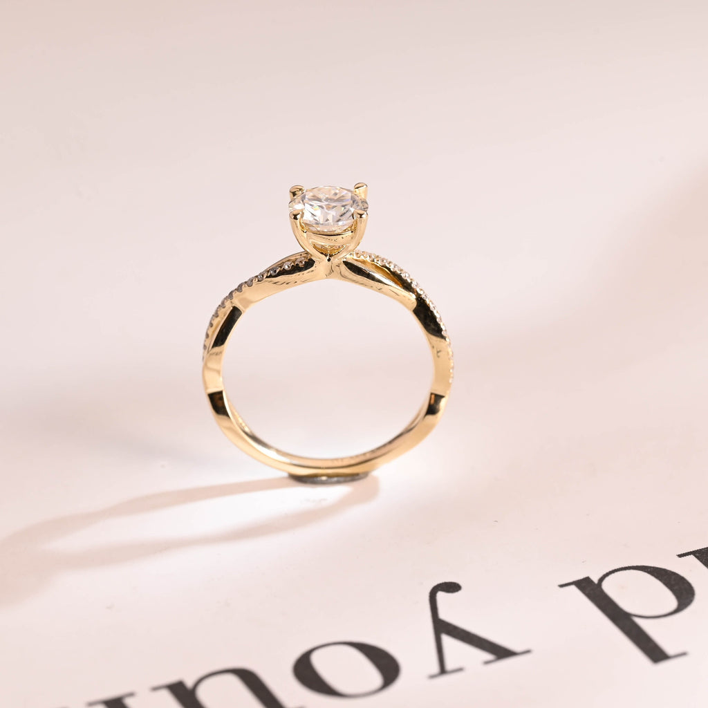 Solid Gold Round Cut Moissanite Engagement Ring, Twisted Band Ring
