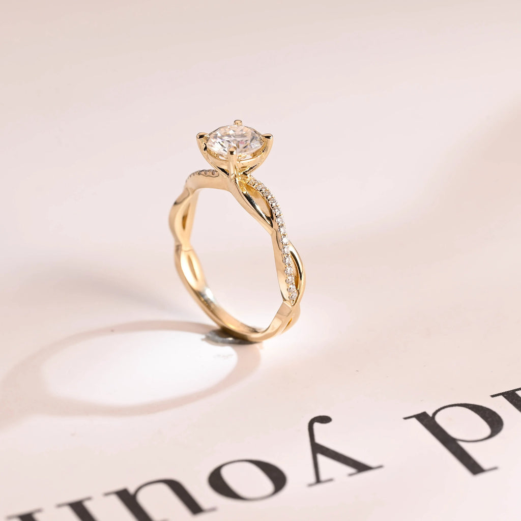 Solid Gold Round Cut Moissanite Engagement Ring, Twisted Band Ring