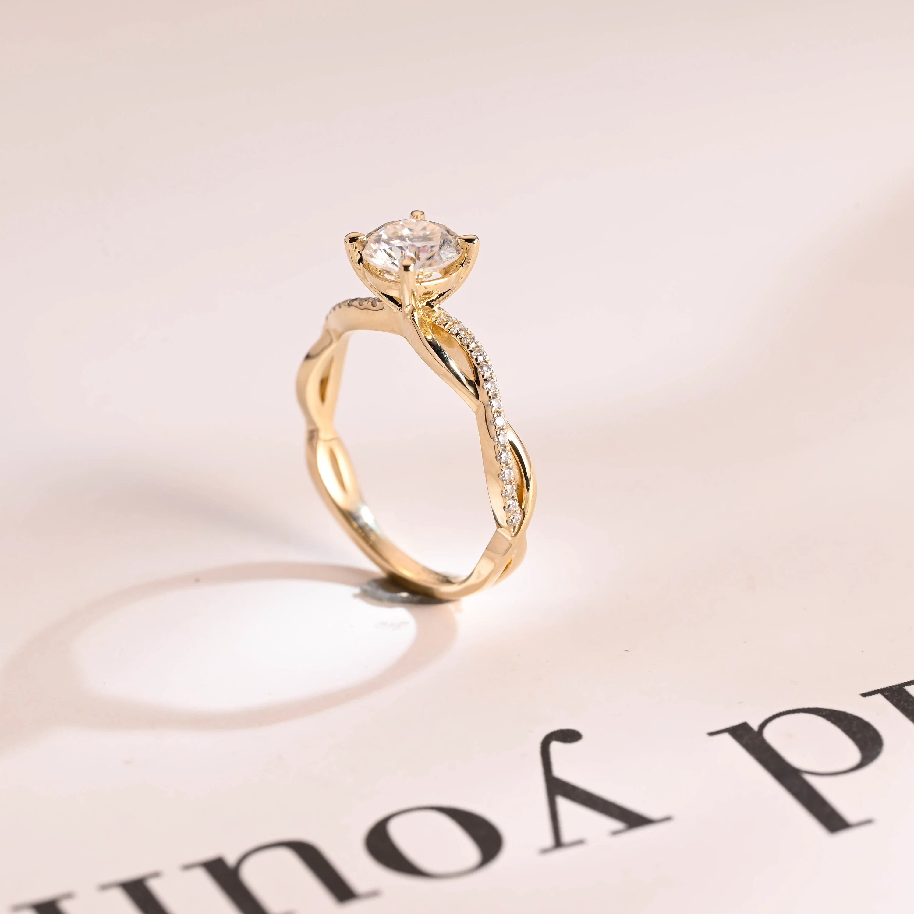 Solid Gold Round Cut Moissanite Engagement Ring, Twisted Band Ring