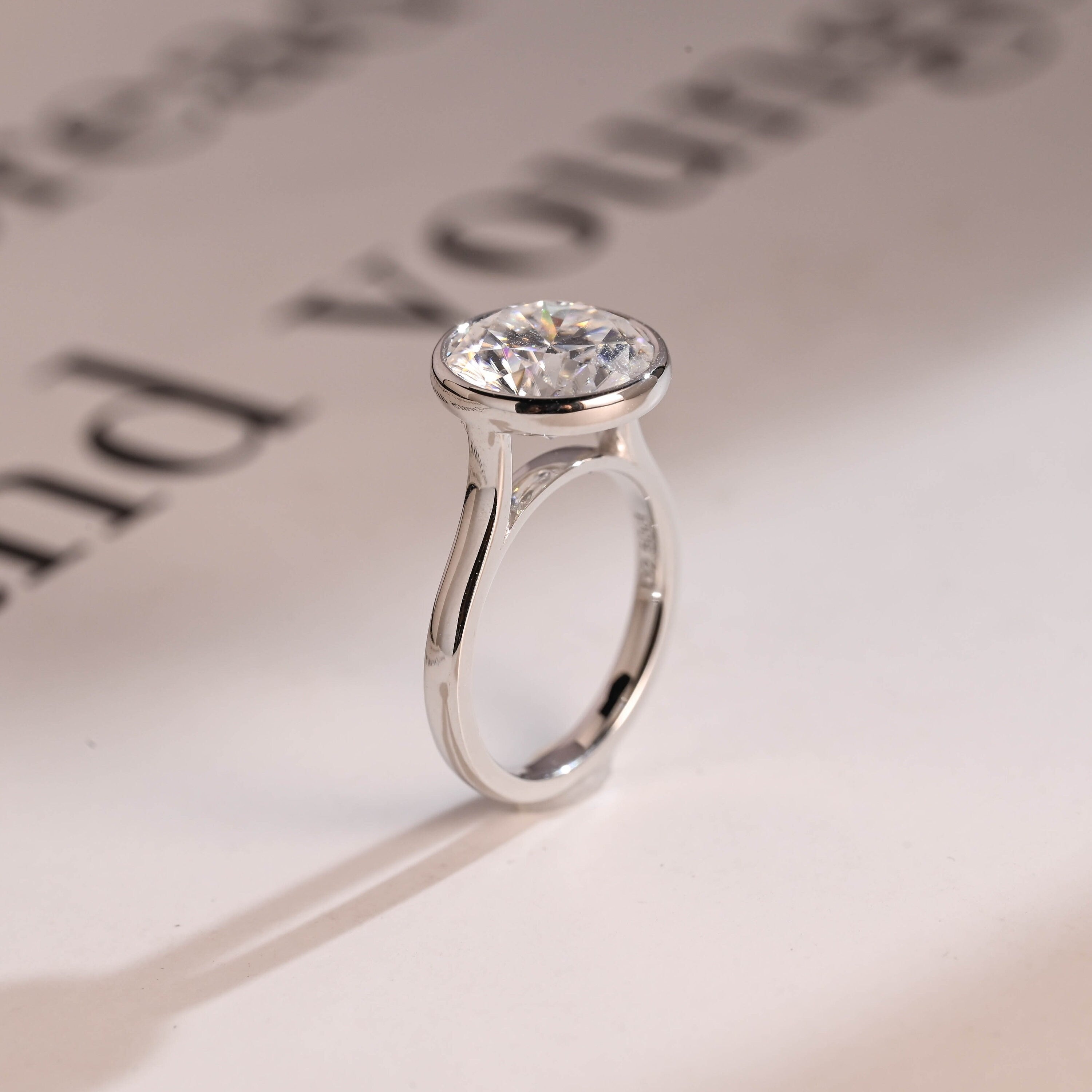 Bezel Solid Gold Round Cut Moissanite Engagement Ring, Anniversary Gift for Her Secondary image