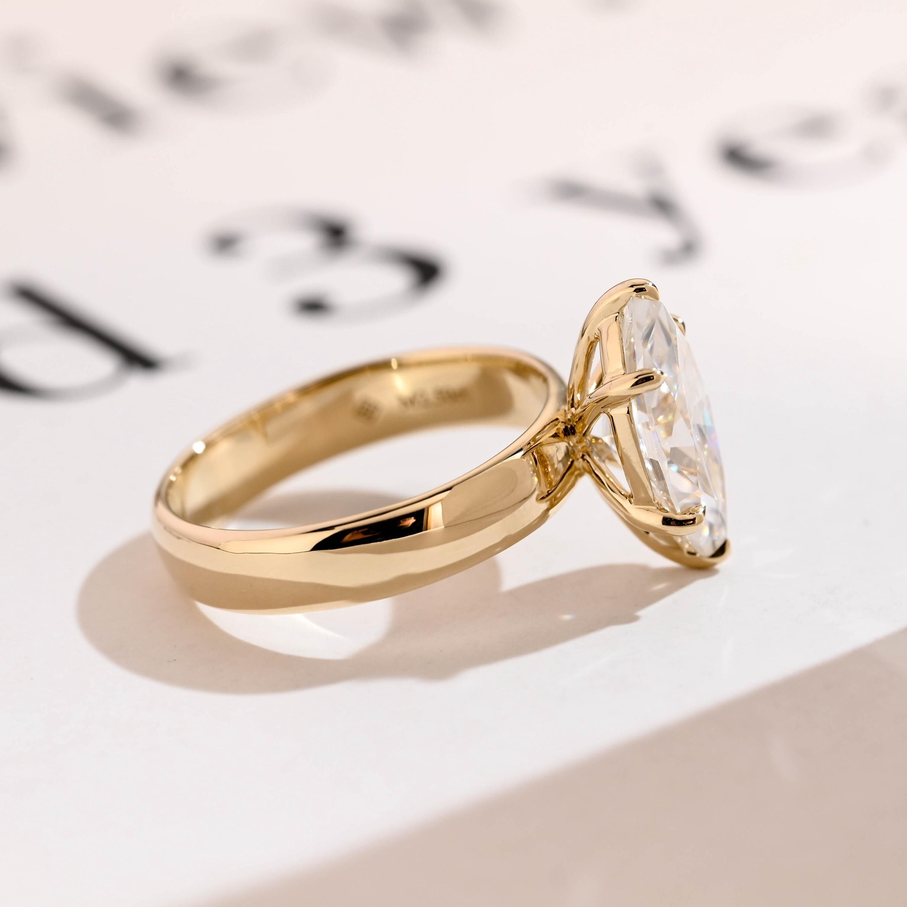 Solid Gold 4mm Band Marquise Moissanite Engagement Ring, Promise Ring