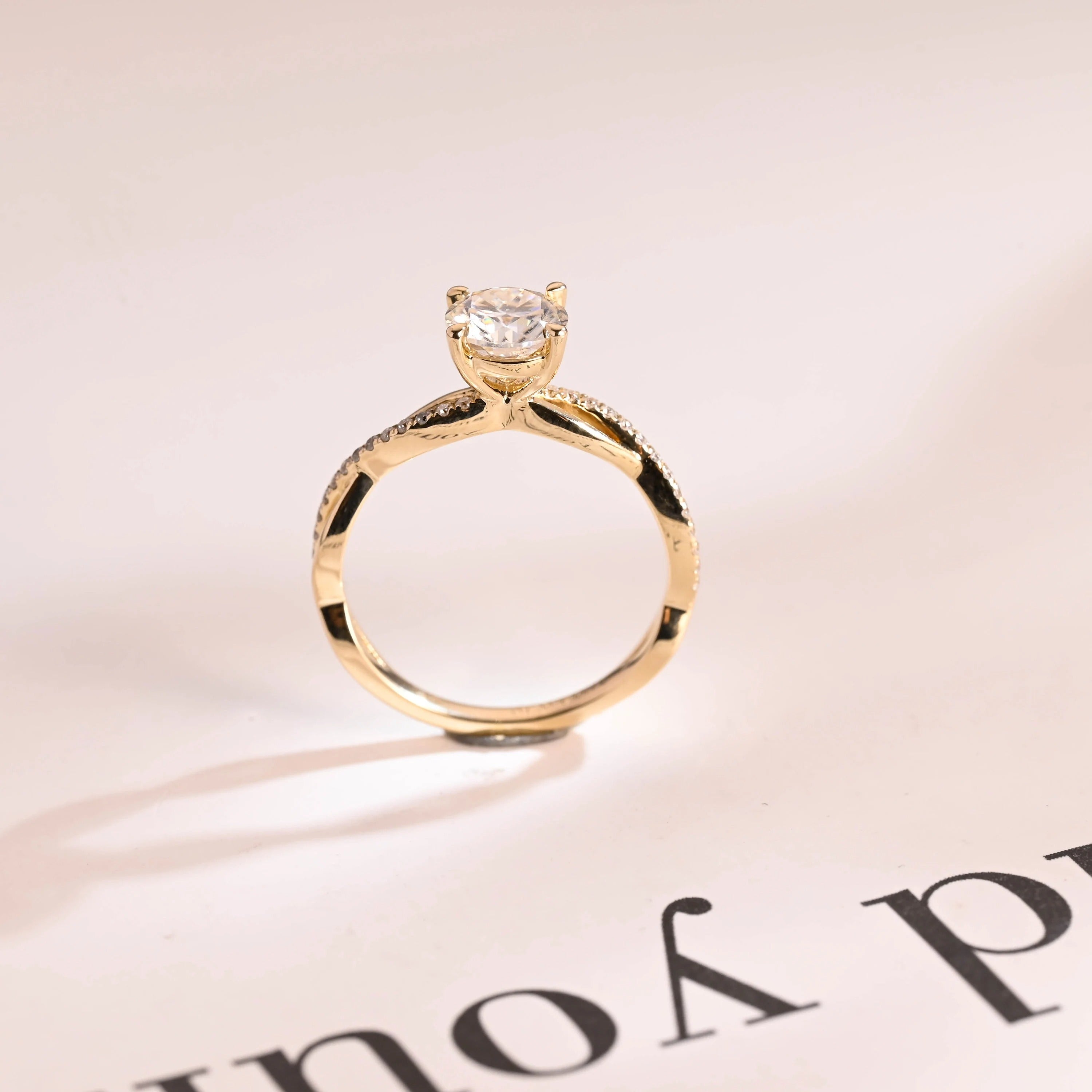 Solid Gold Round Cut Moissanite Engagement Ring, Twisted Band Ring Secondary image