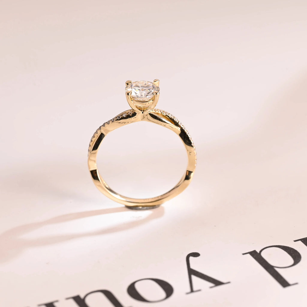 Solid Gold Round Cut Moissanite Engagement Ring, Twisted Band Ring