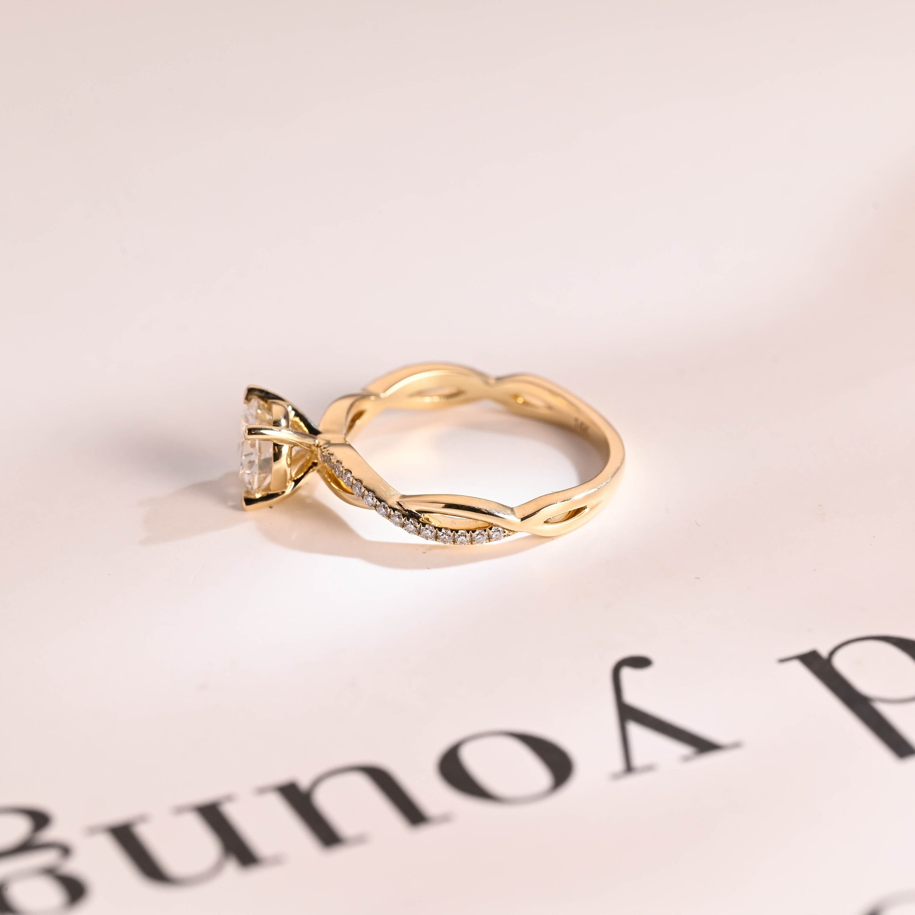 Solid Gold Round Cut Moissanite Engagement Ring, Twisted Band Ring