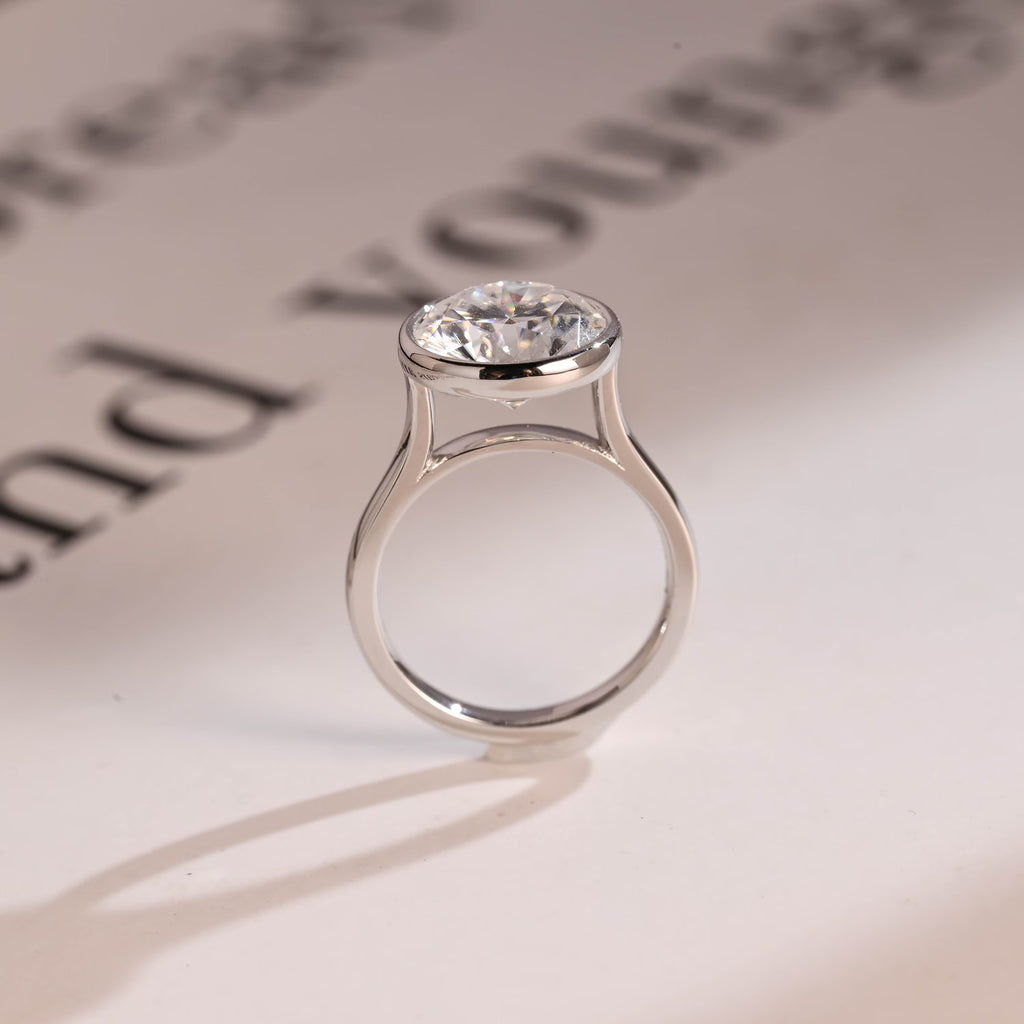 Bezel Solid Gold Round Cut Moissanite Engagement Ring, Anniversary Gift for Her