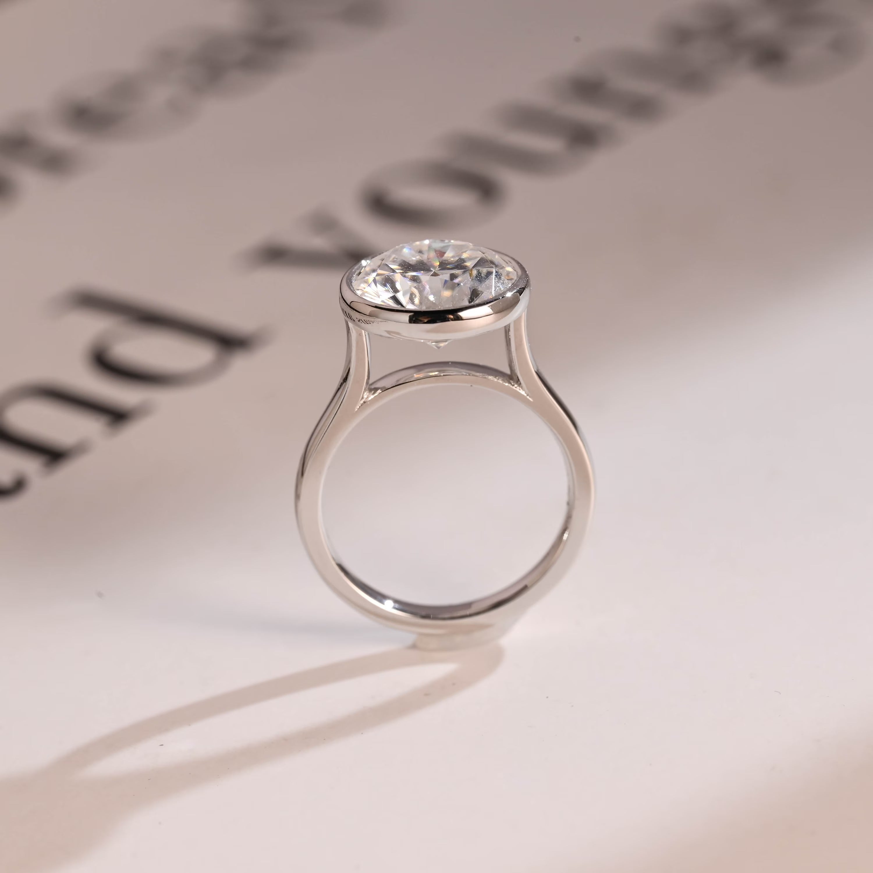 Bezel Solid Gold Round Cut Moissanite Engagement Ring, Anniversary Gift for Her
