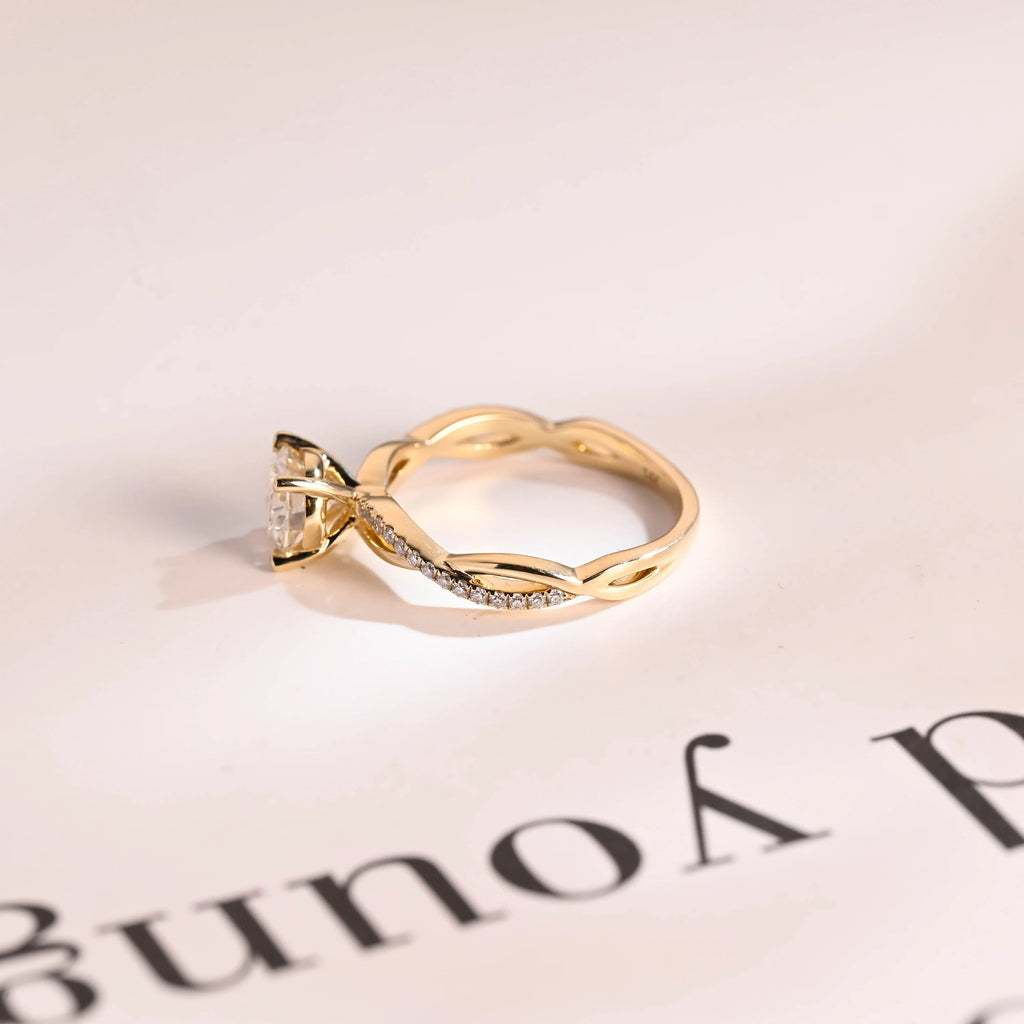Solid Gold Round Cut Moissanite Engagement Ring, Twisted Band Ring