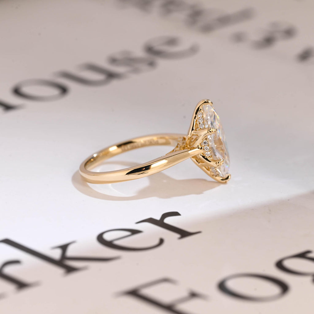 Solid Gold Tulip Floral Ring, Marquise Moissanite Engagement Ring, Engraved Ring