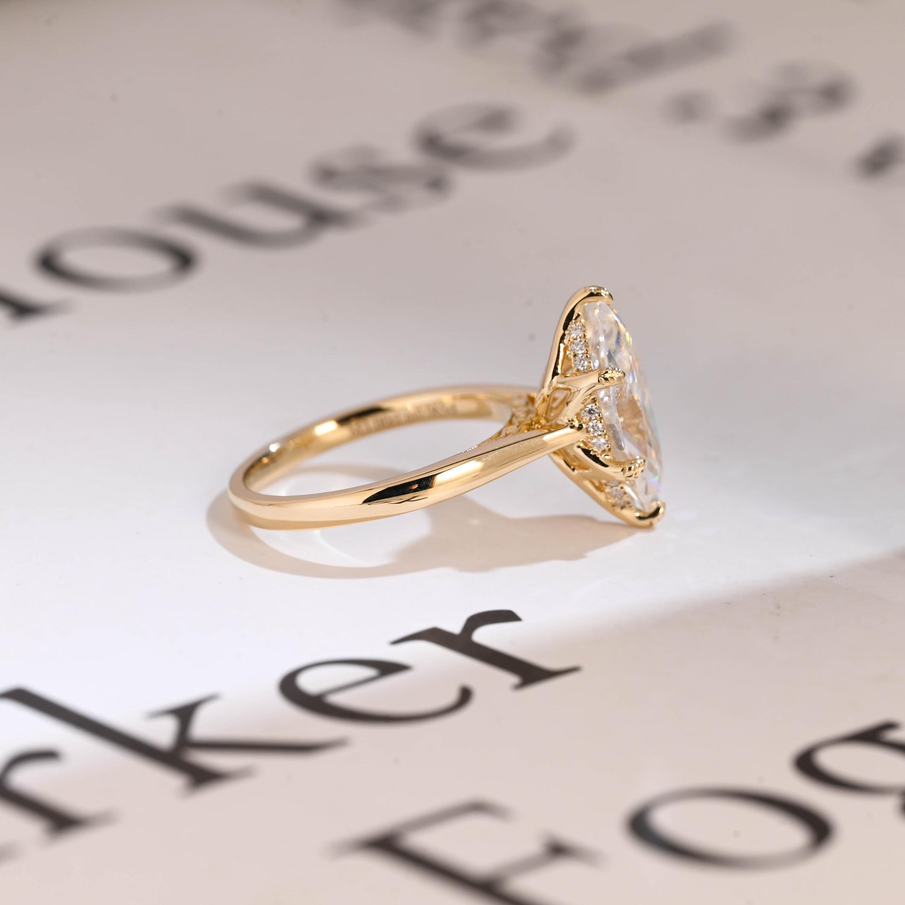 Solid Gold Tulip Floral Ring, Marquise Moissanite Engagement Ring, Engraved Ring