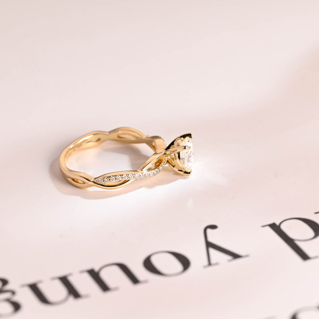 Solid Gold Round Cut Moissanite Engagement Ring, Twisted Band Ring
