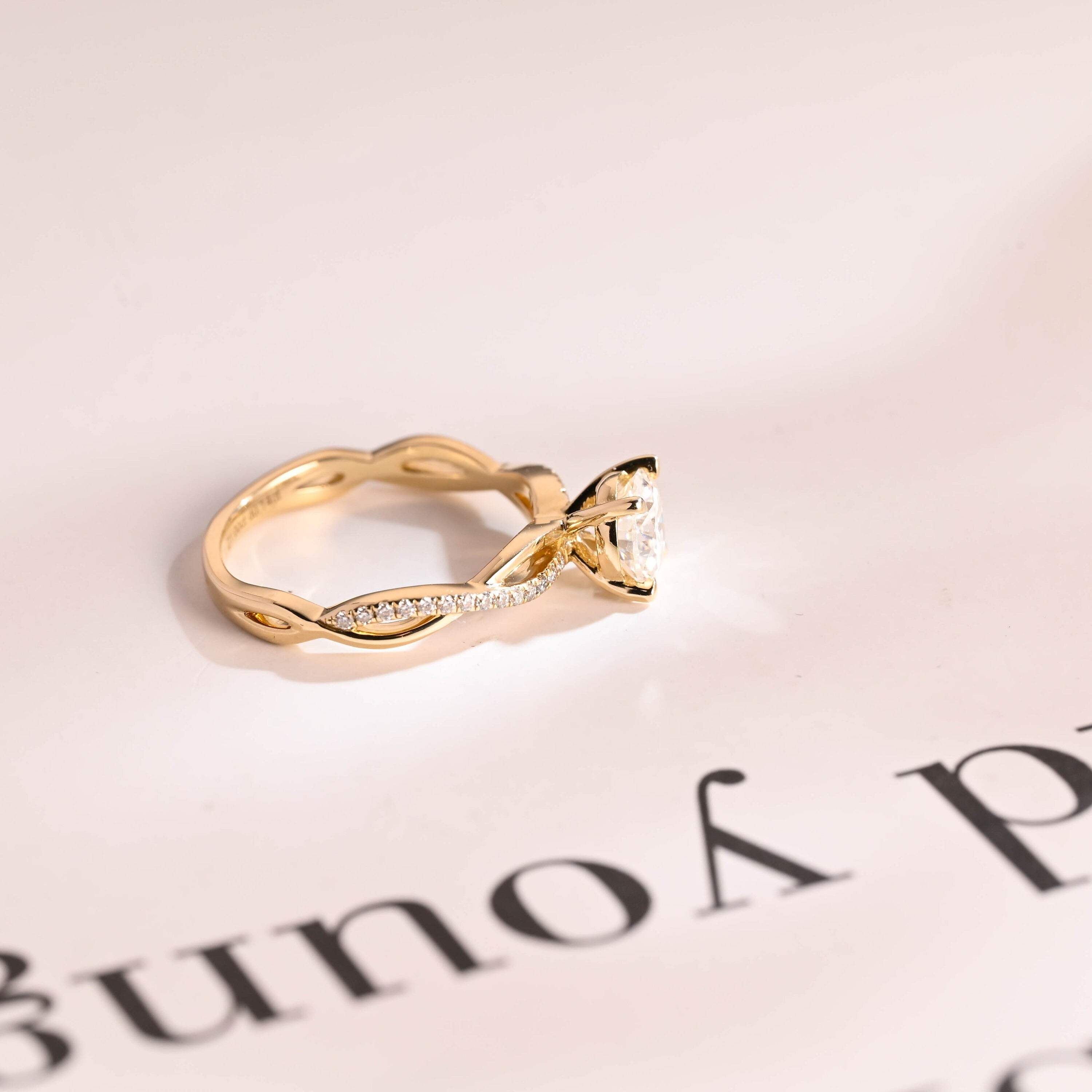 Solid Gold Round Cut Moissanite Engagement Ring, Twisted Band Ring