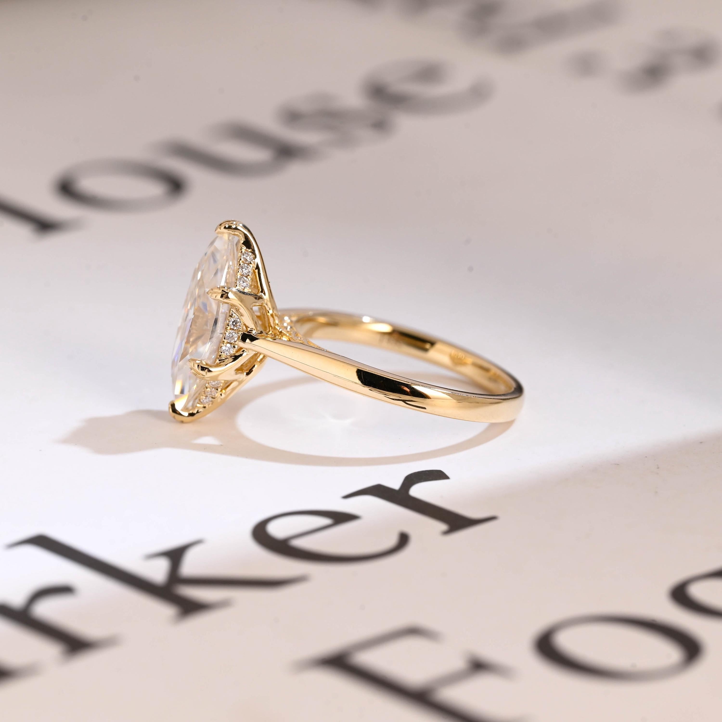 Solid Gold Tulip Floral Ring, Marquise Moissanite Engagement Ring, Engraved Ring