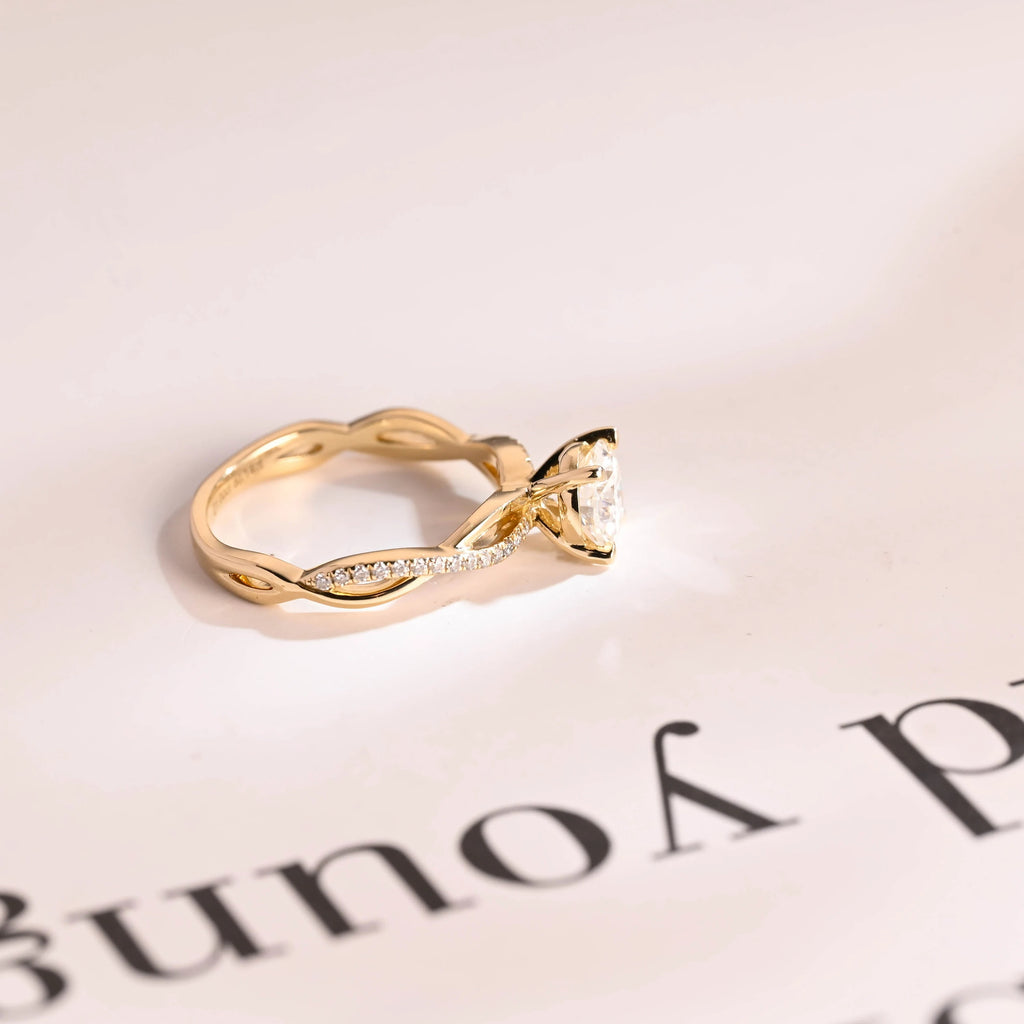 Solid Gold Round Cut Moissanite Engagement Ring, Twisted Band Ring