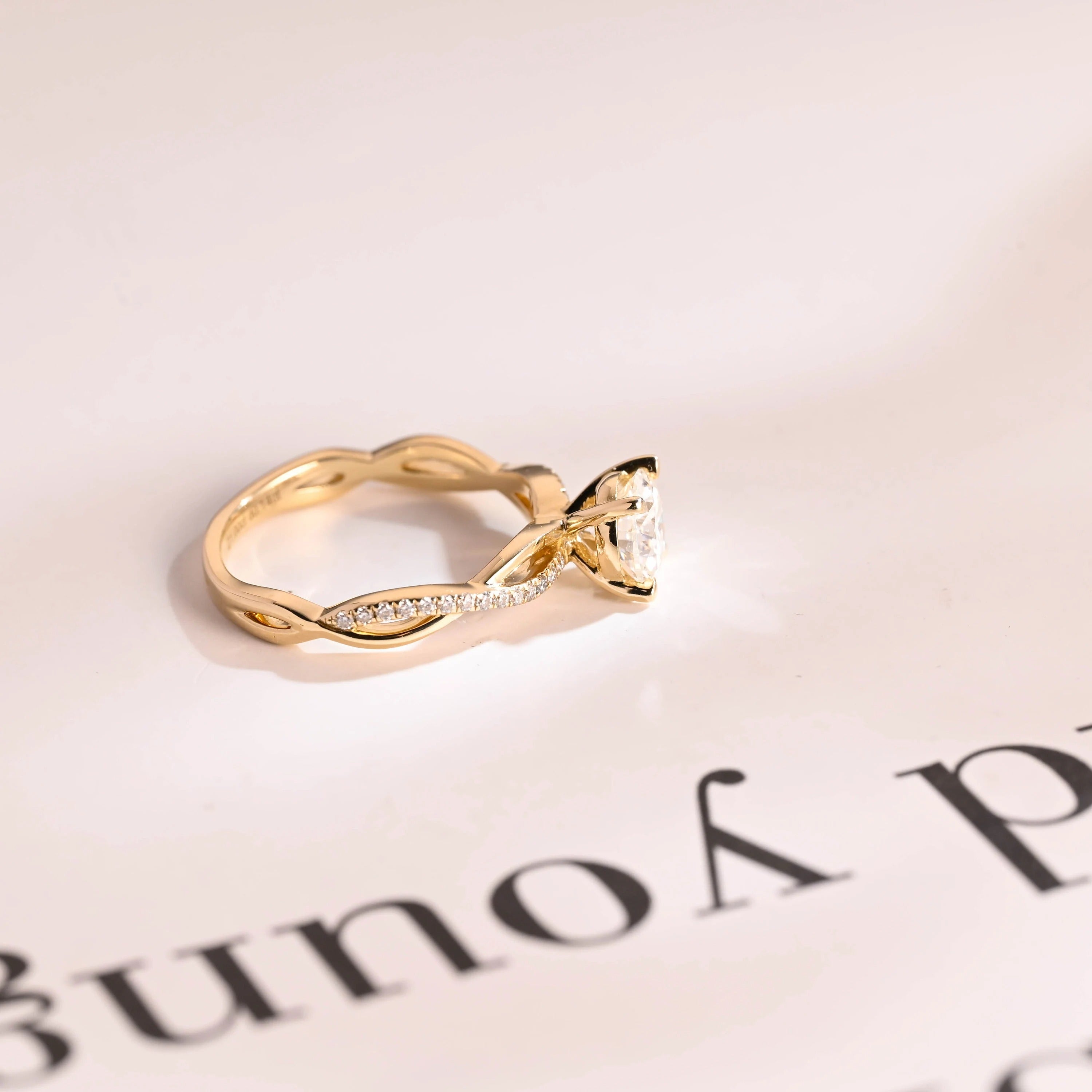 Solid Gold Round Cut Moissanite Engagement Ring, Twisted Band Ring