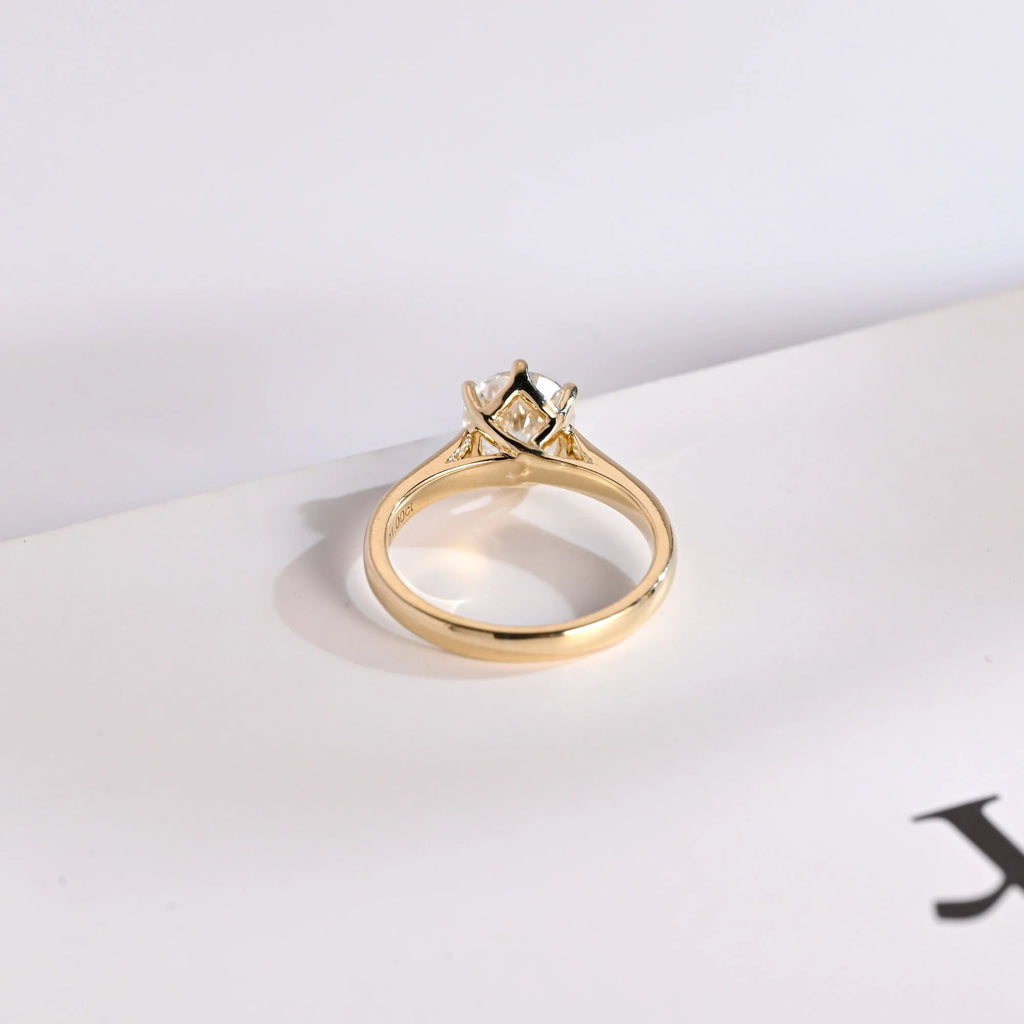 Solid Gold Round Cut Moissanite Engagement Ring, Tulip Setting Solitaire Ring