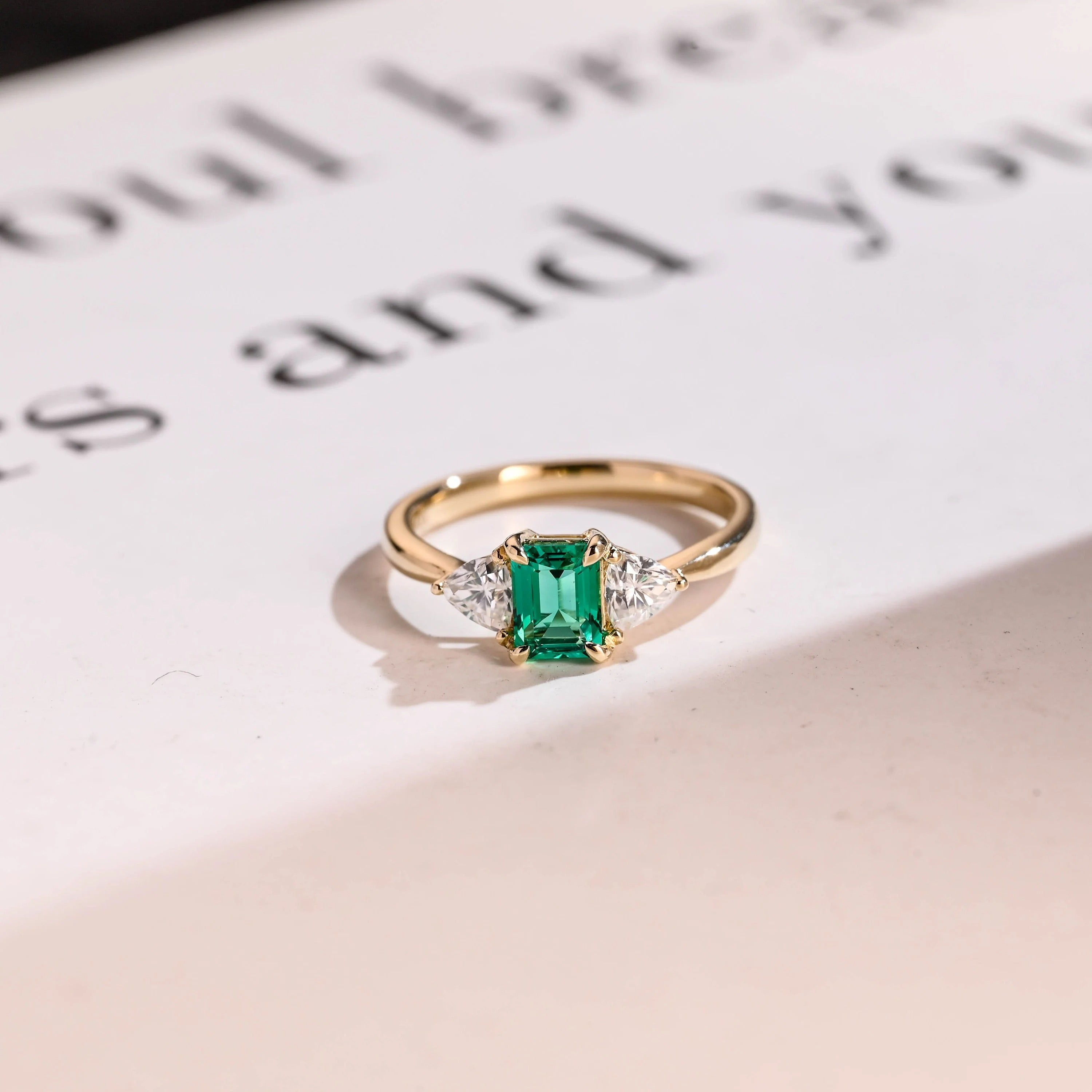 Solid Gold Lab Grown Emerald Engagement Ring with Trillion Accent, Three Stone Ring Main image
