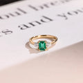 Solid Gold Lab Grown Emerald Engagement Ring with Trillion Accent, Three Stone Ring