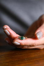 Solid Gold Lab Grown Emerald Engagement Ring with Trillion Accent, Three Stone Ring