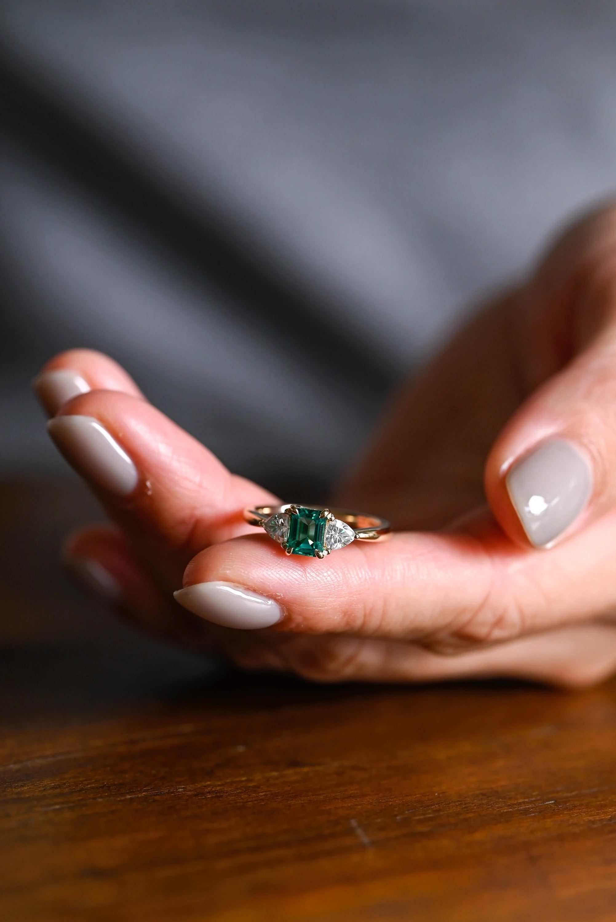 Solid Gold Lab Grown Emerald Engagement Ring with Trillion Accent, Three Stone Ring