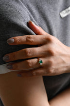 Solid Gold Lab Grown Emerald Engagement Ring with Trillion Accent, Three Stone Ring