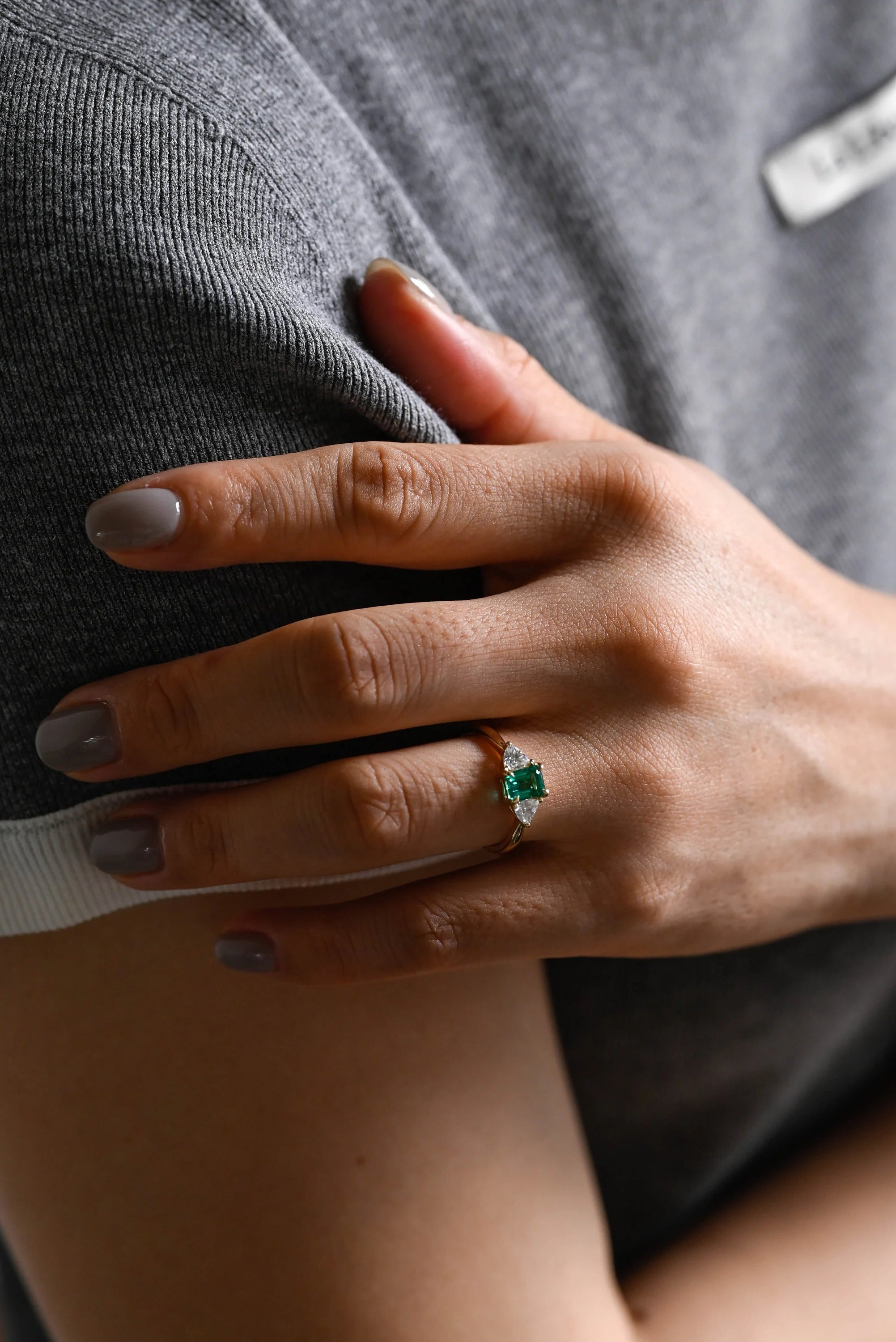 Solid Gold Lab Grown Emerald Engagement Ring with Trillion Accent, Three Stone Ring
