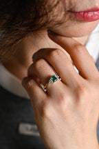 Solid Gold Lab Grown Emerald Engagement Ring with Trillion Accent, Three Stone Ring