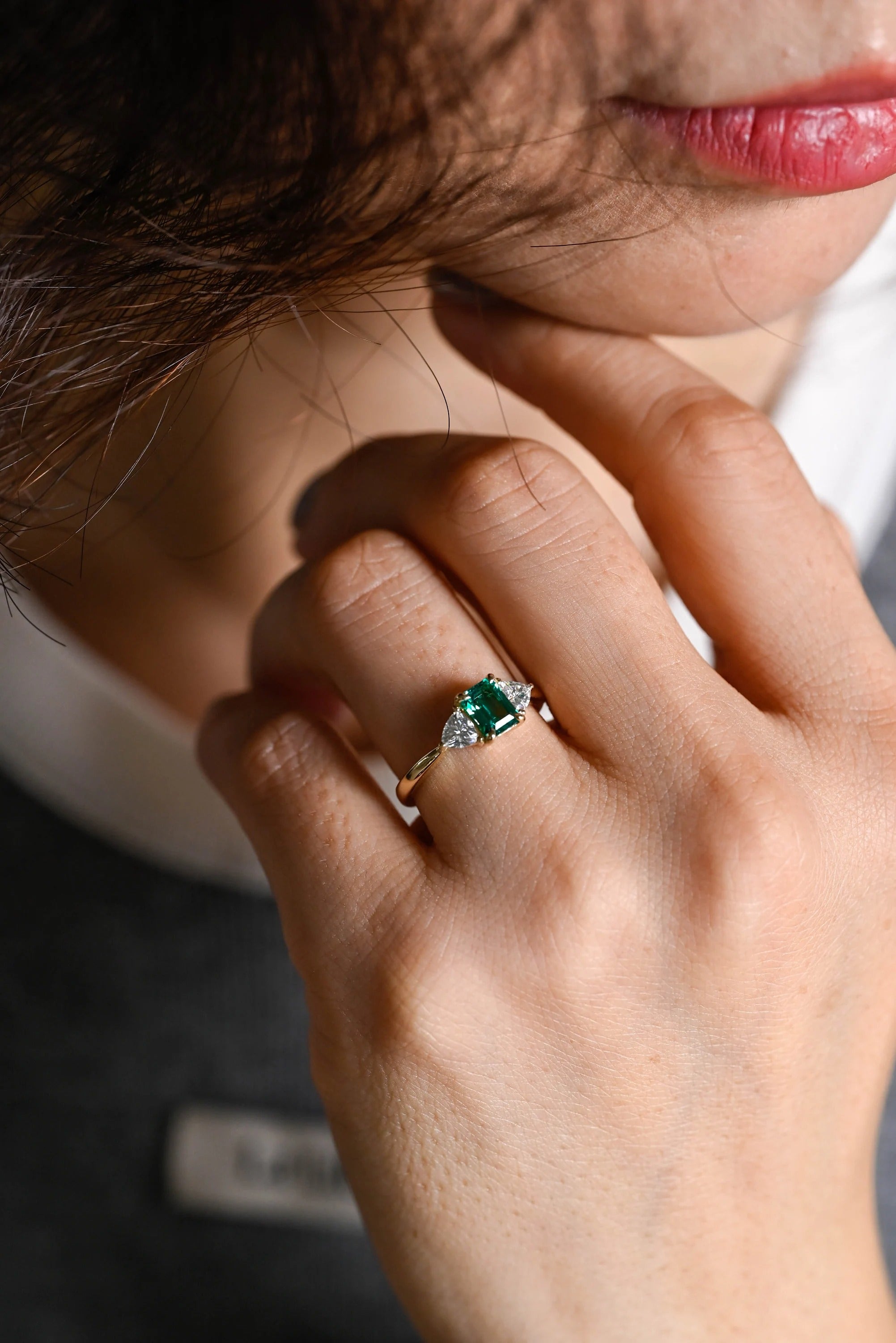 Solid Gold Lab Grown Emerald Engagement Ring with Trillion Accent, Three Stone Ring