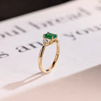 Solid Gold Lab Grown Emerald Engagement Ring with Trillion Accent, Three Stone Ring
