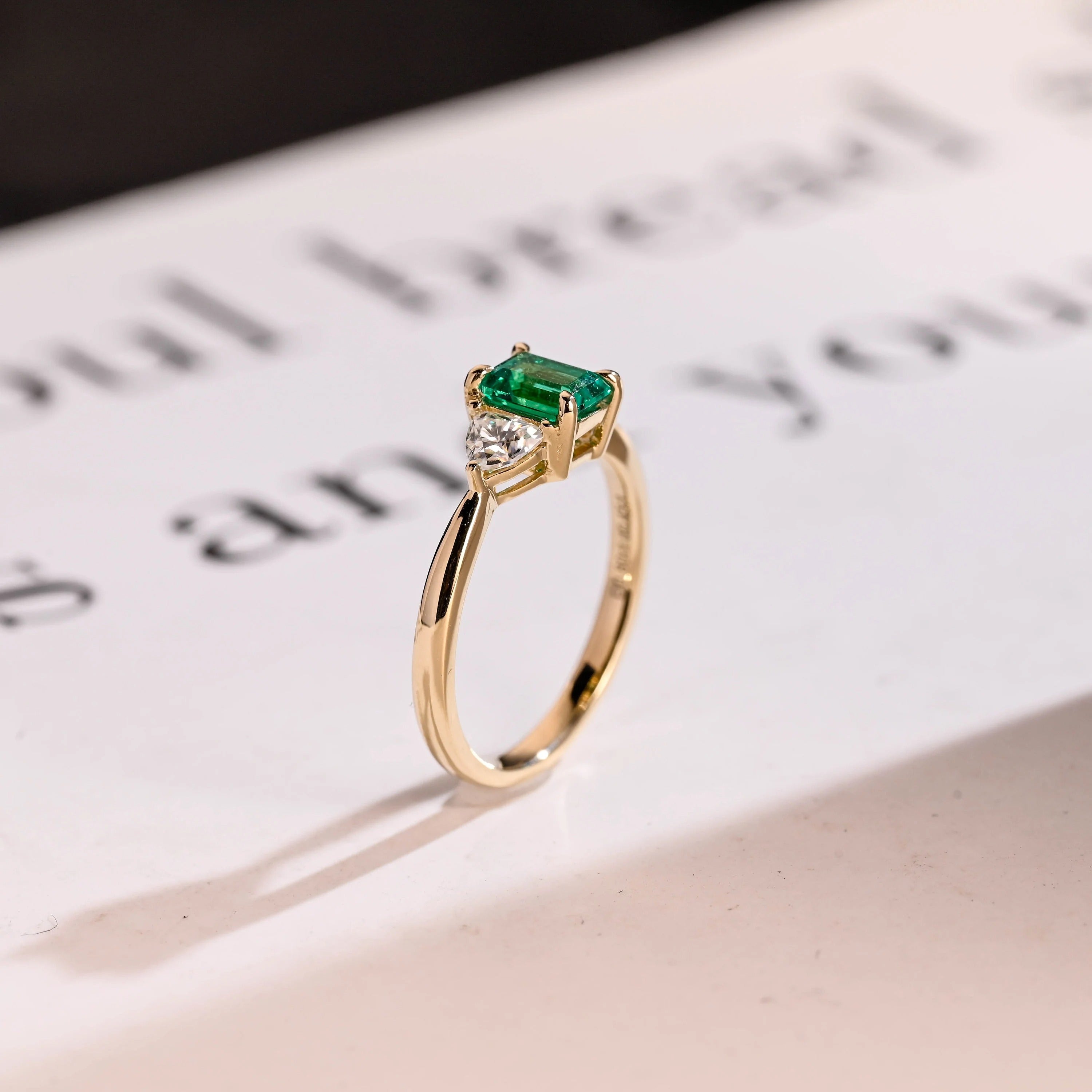 Solid Gold Lab Grown Emerald Engagement Ring with Trillion Accent, Three Stone Ring