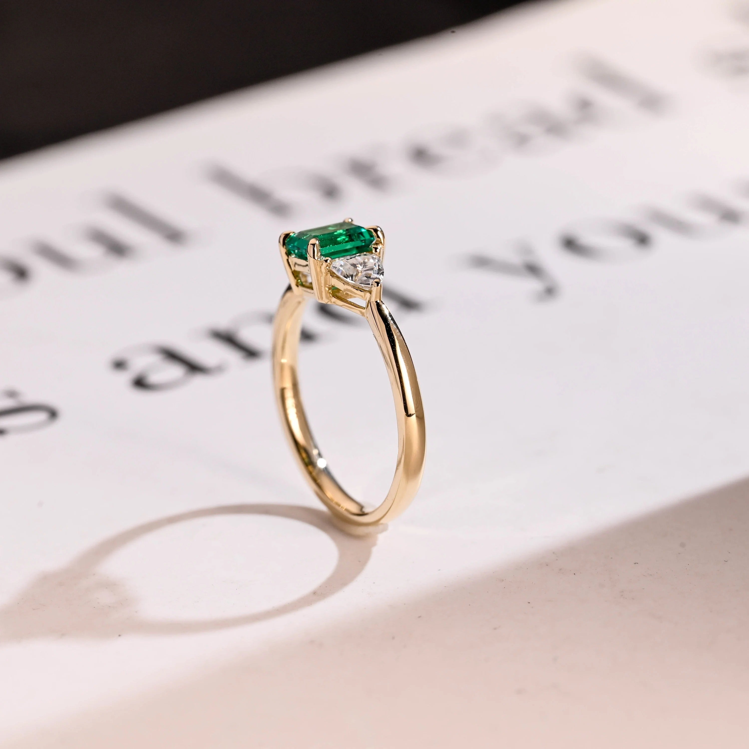 Solid Gold Lab Grown Emerald Engagement Ring with Trillion Accent, Three Stone Ring