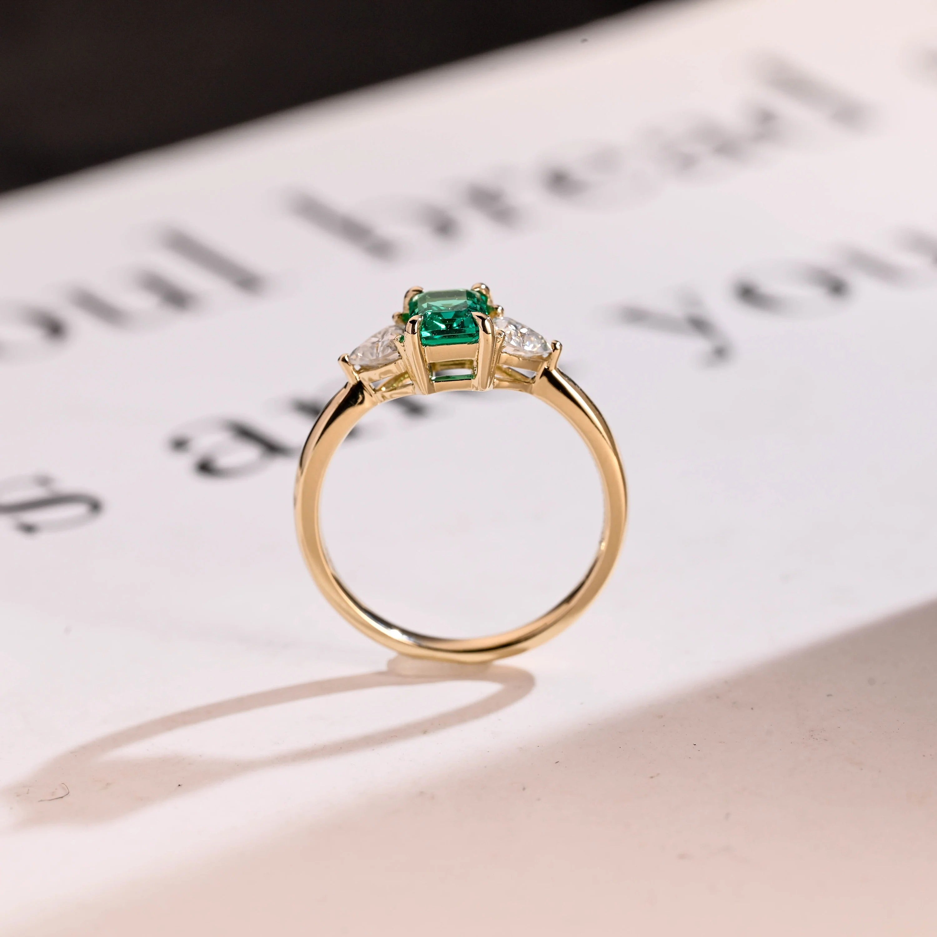 Solid Gold Lab Grown Emerald Engagement Ring with Trillion Accent, Three Stone Ring